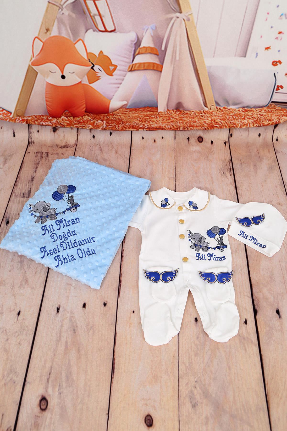 İsme Özel Fil Balon Figür Nakışlı 4lü Hastane Çıkış Set