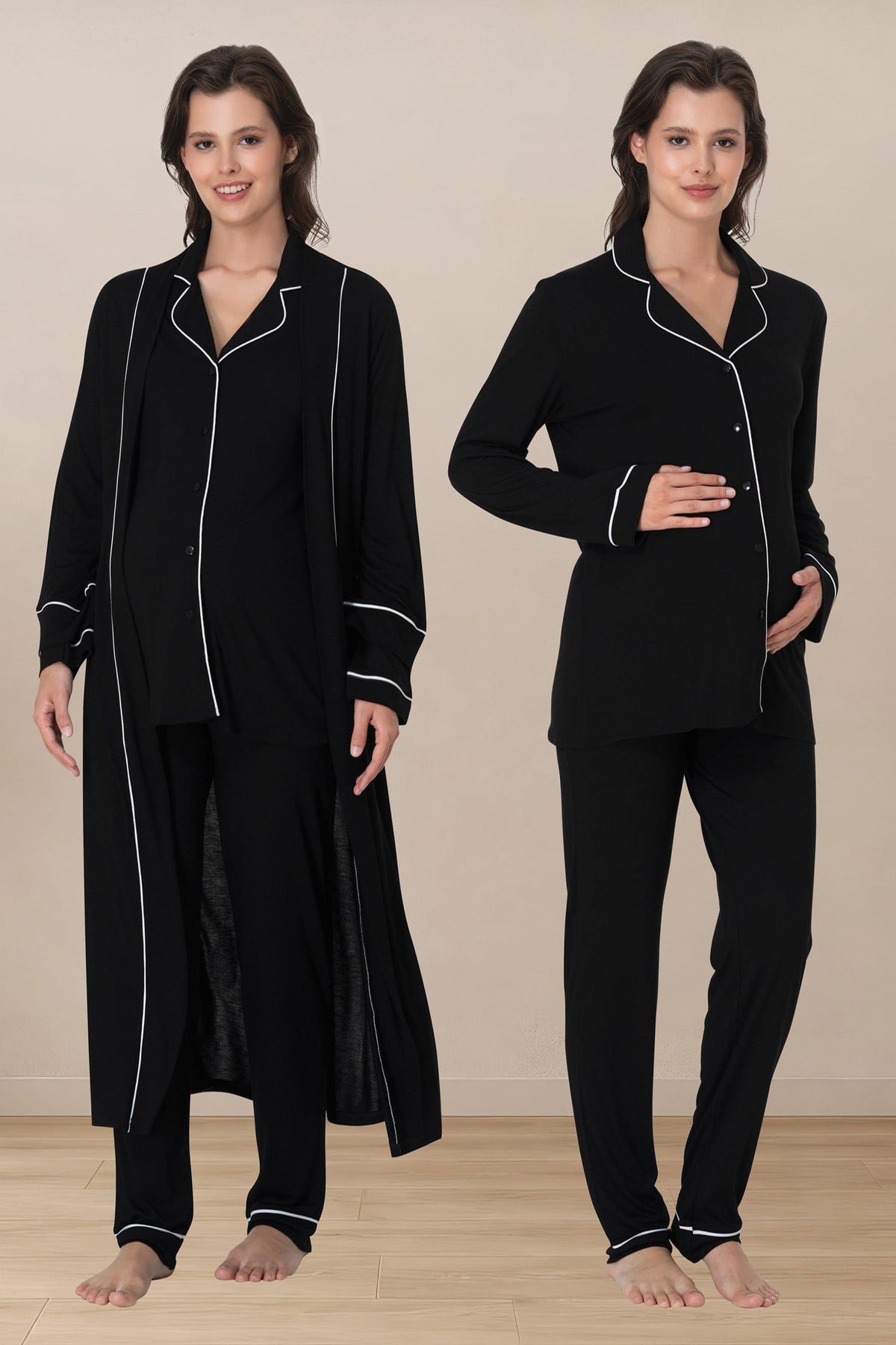 Effortt 8098 Siyah Biye Detaylı Düğmeli Sabahlıklı Lohusa Pijama Takımı