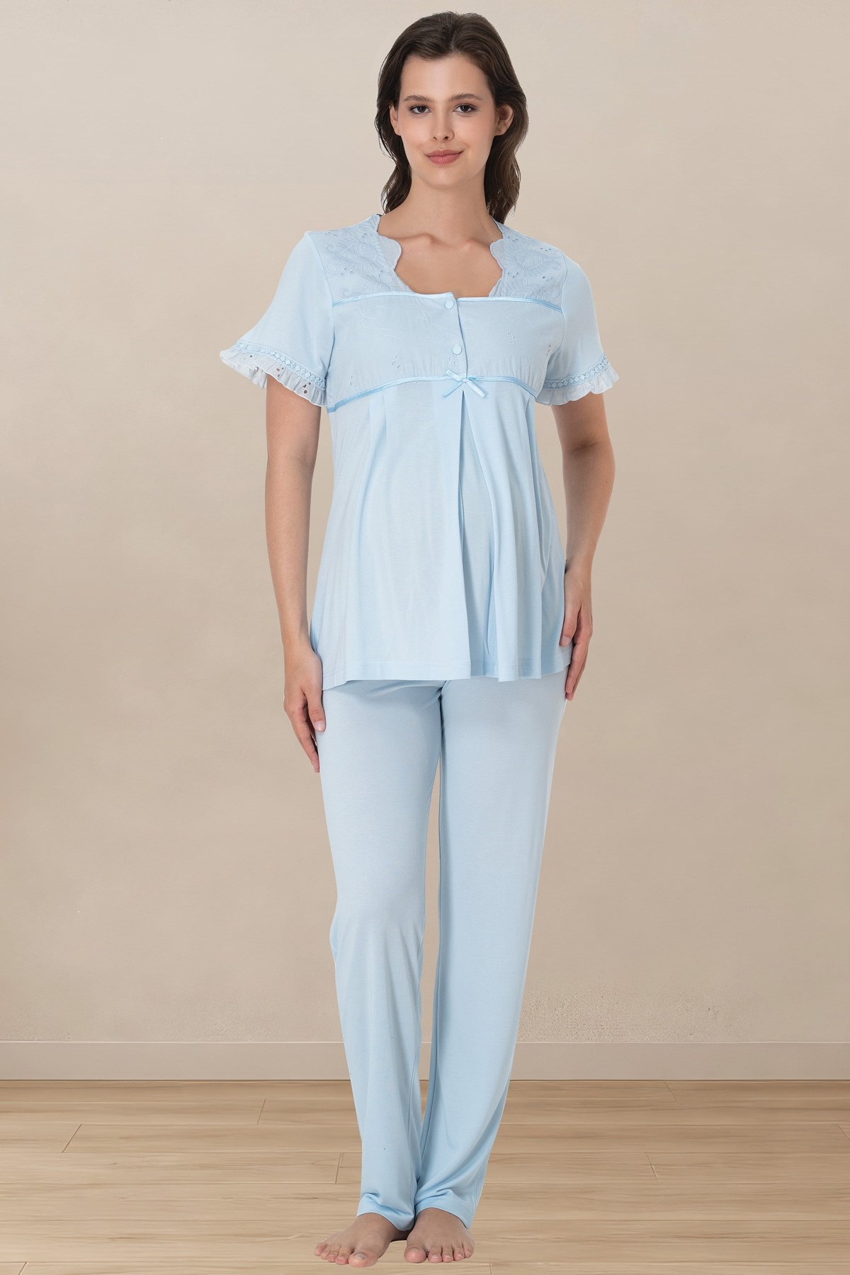 Effortt 7022 Mavi Fisto Dantelli Hamile Lohusa Pijama Takımı