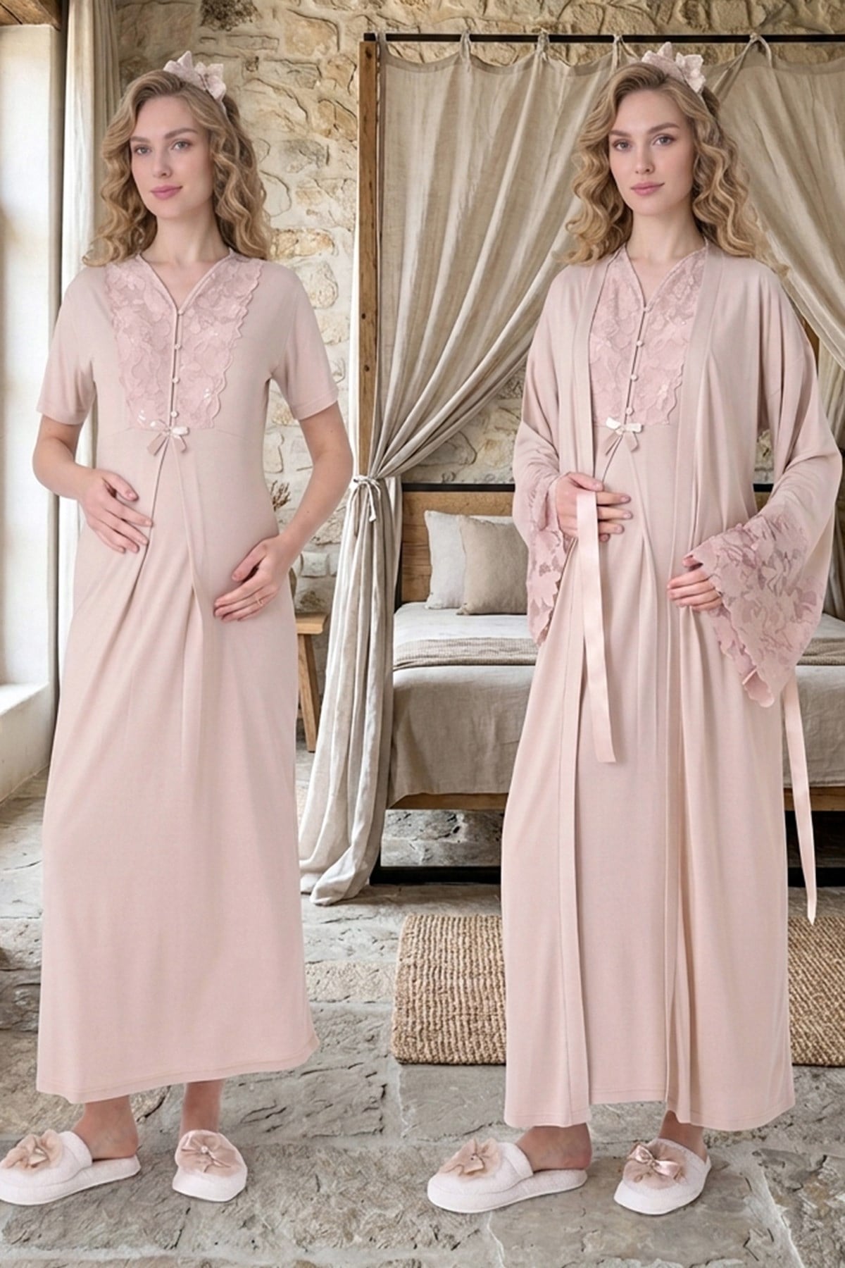 Erdeniz 2325 Vizon Kolları Güpür Detaylı Sabahlıklı Lohusa Gecelik Takımı