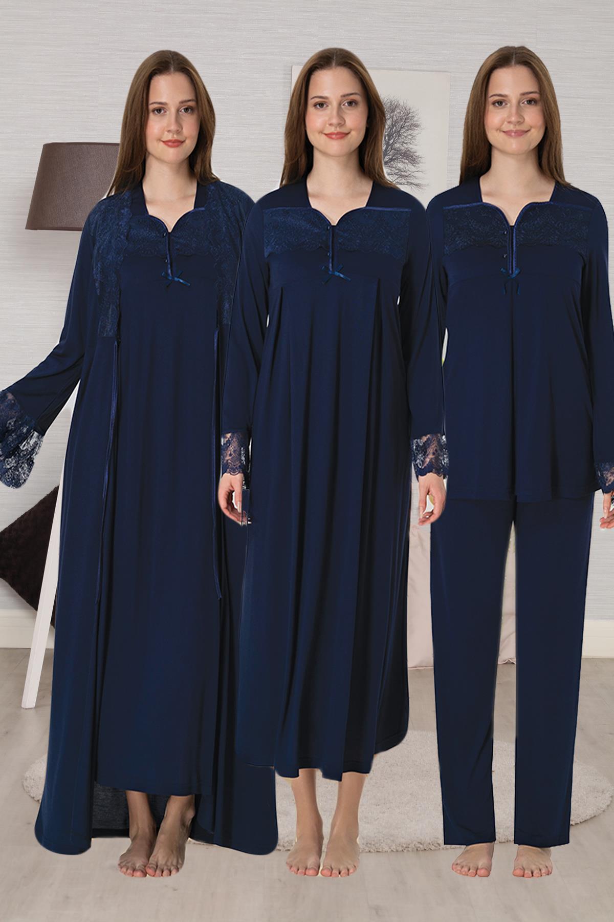 Effortt 4086 Lacivert Dantel Detaylı 4lü Hamile Lohusa Seti