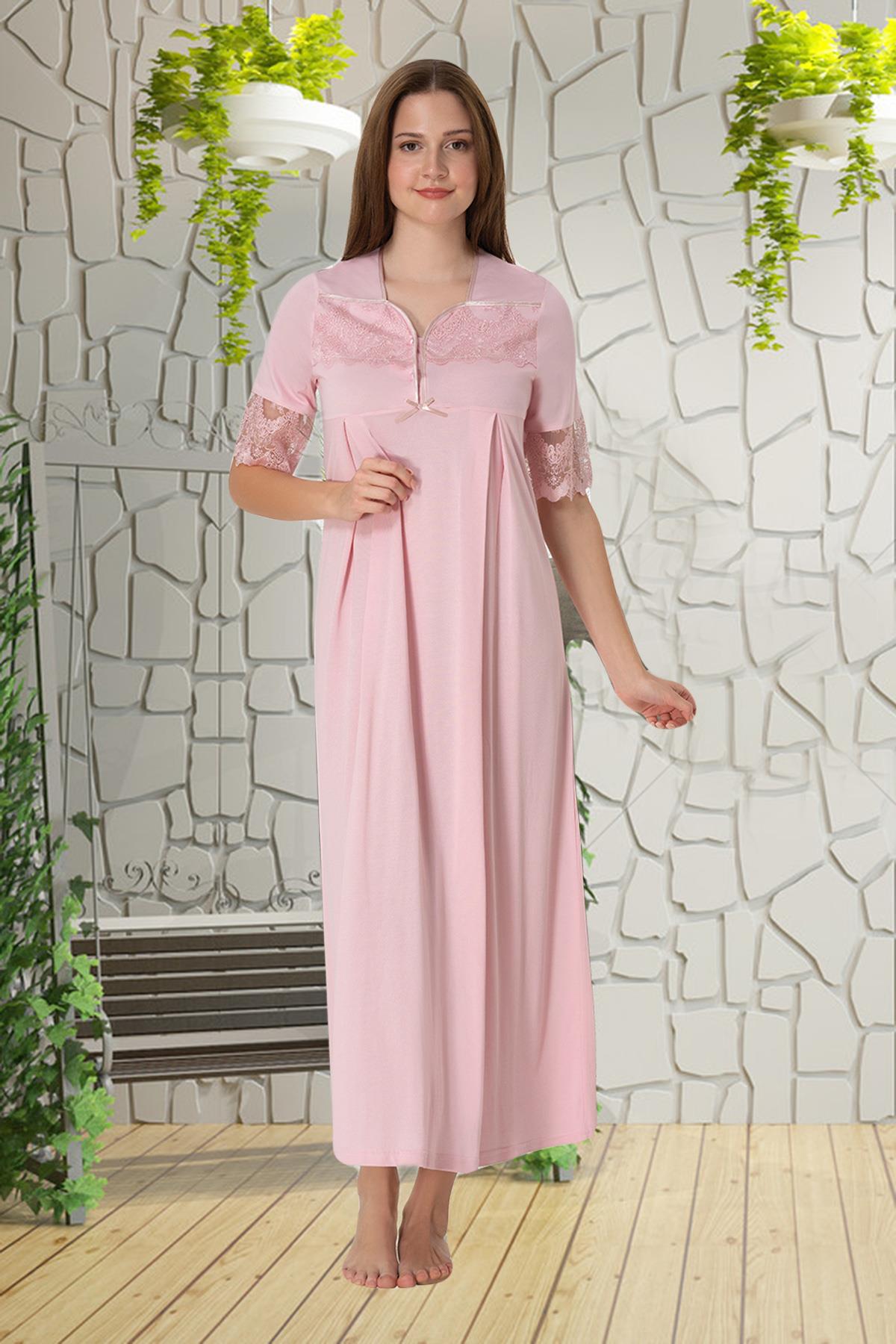 Effortt 9013 Pudra Pembe Dantelli Hamile Lohusa Gecelik