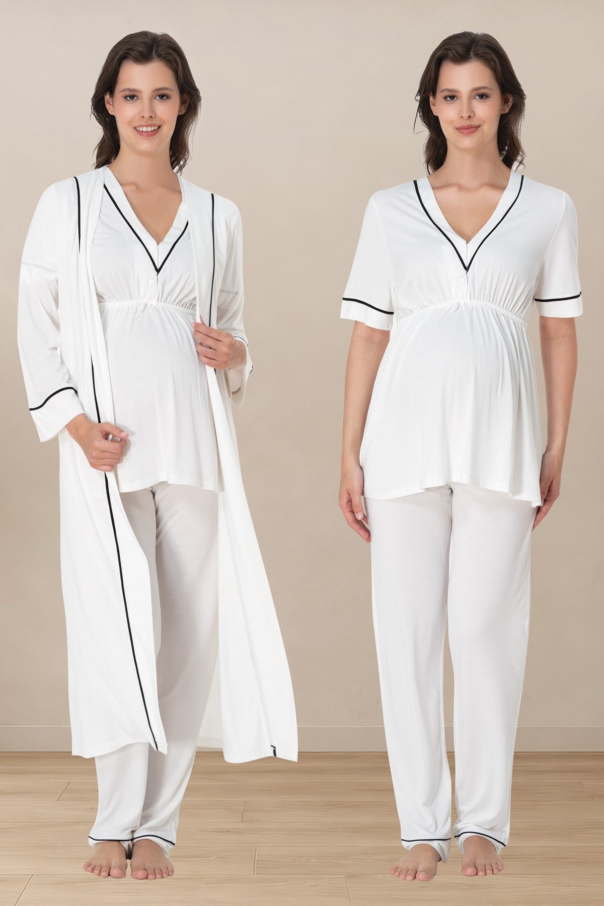 Effortt 5094 Ekru Biye Detaylı Emzirme Özellikli Sabahlıklı Lohusa Pijama Takımı