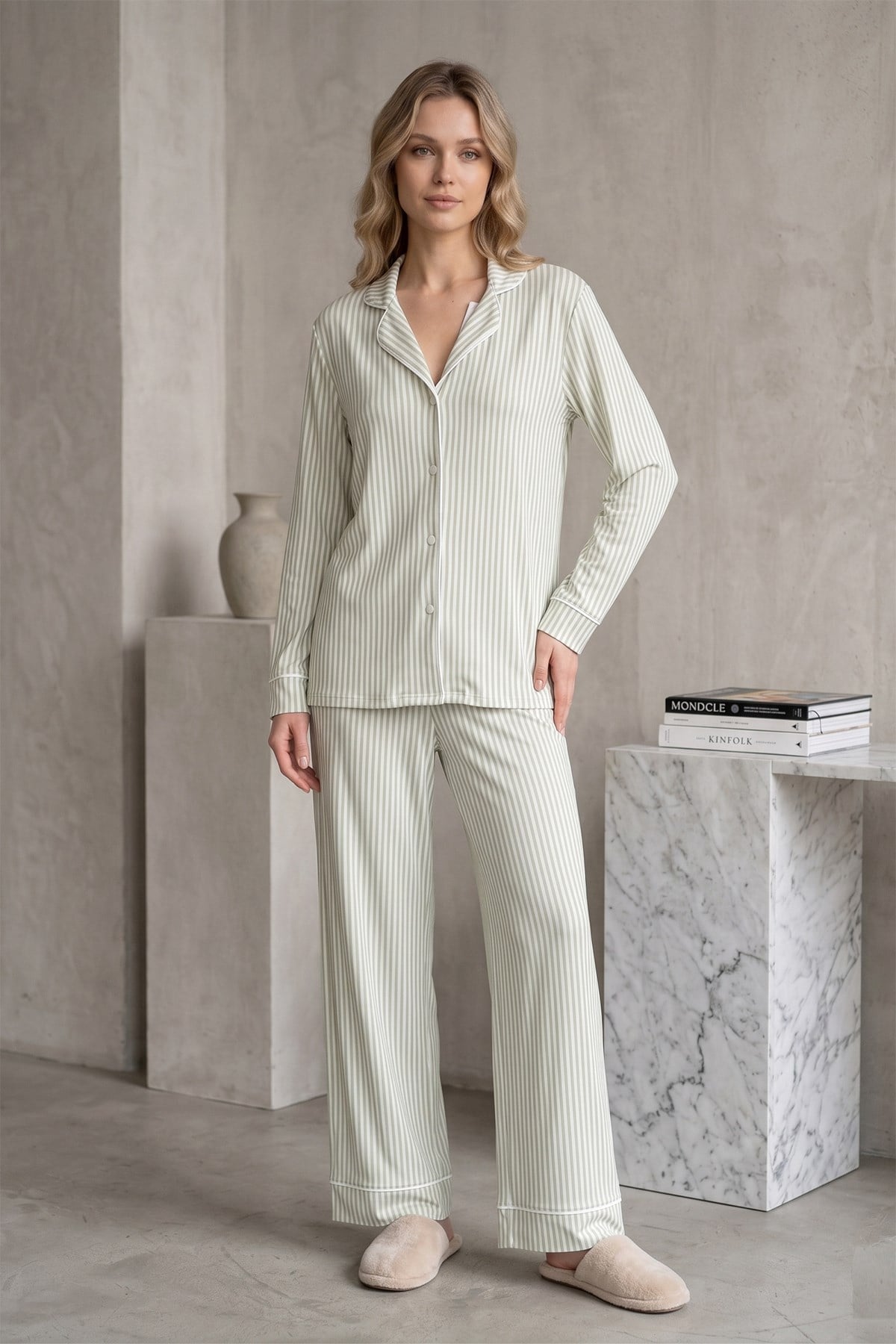 Effortt 2067 Yeşil Uzun Kol Çizgili Önden Düğmeli Lohusa Pijama Takımı