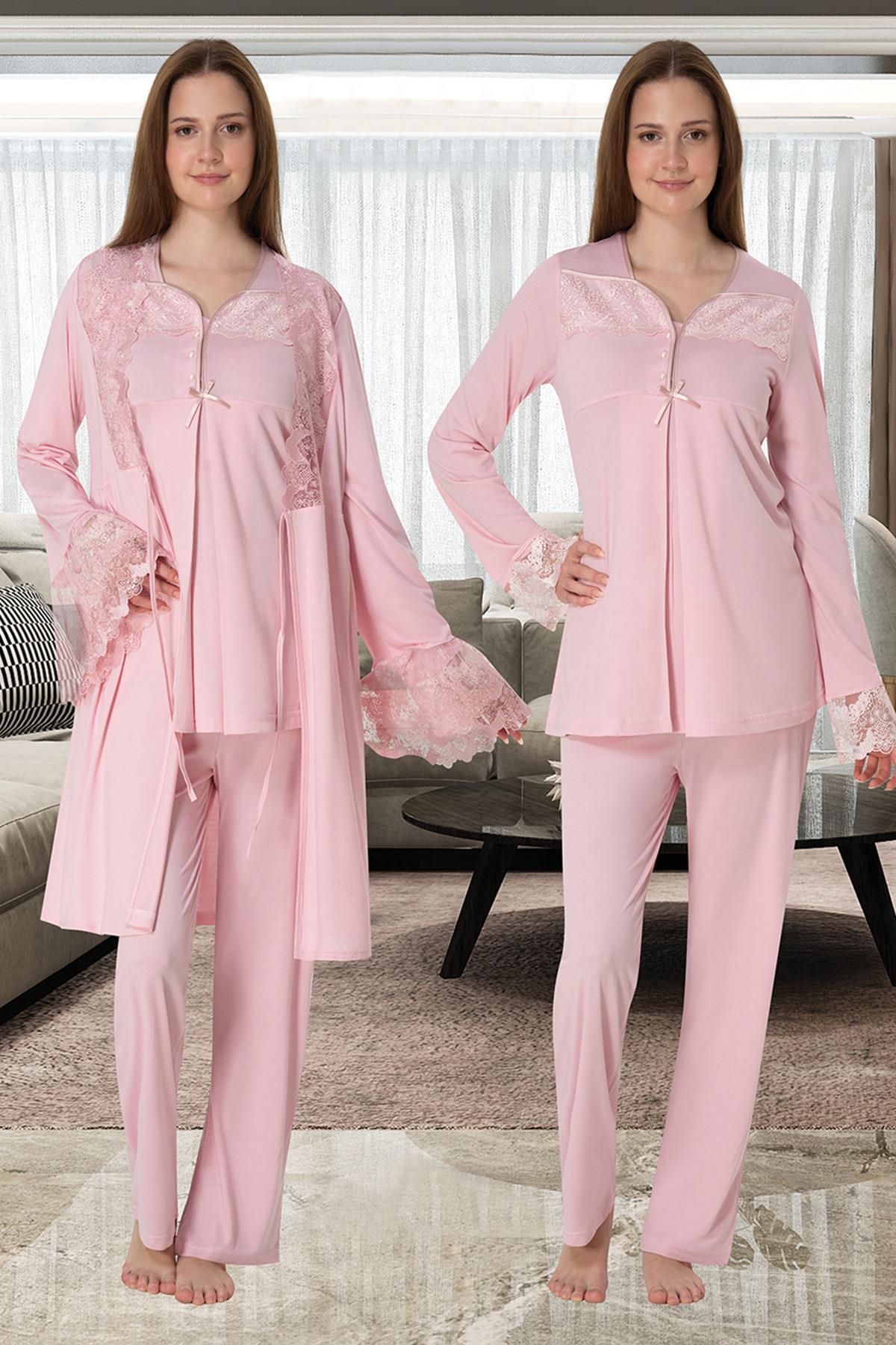 Effortt 4084 Pudra Dantelli Sabahlıklı Lohusa Pijama Takımı