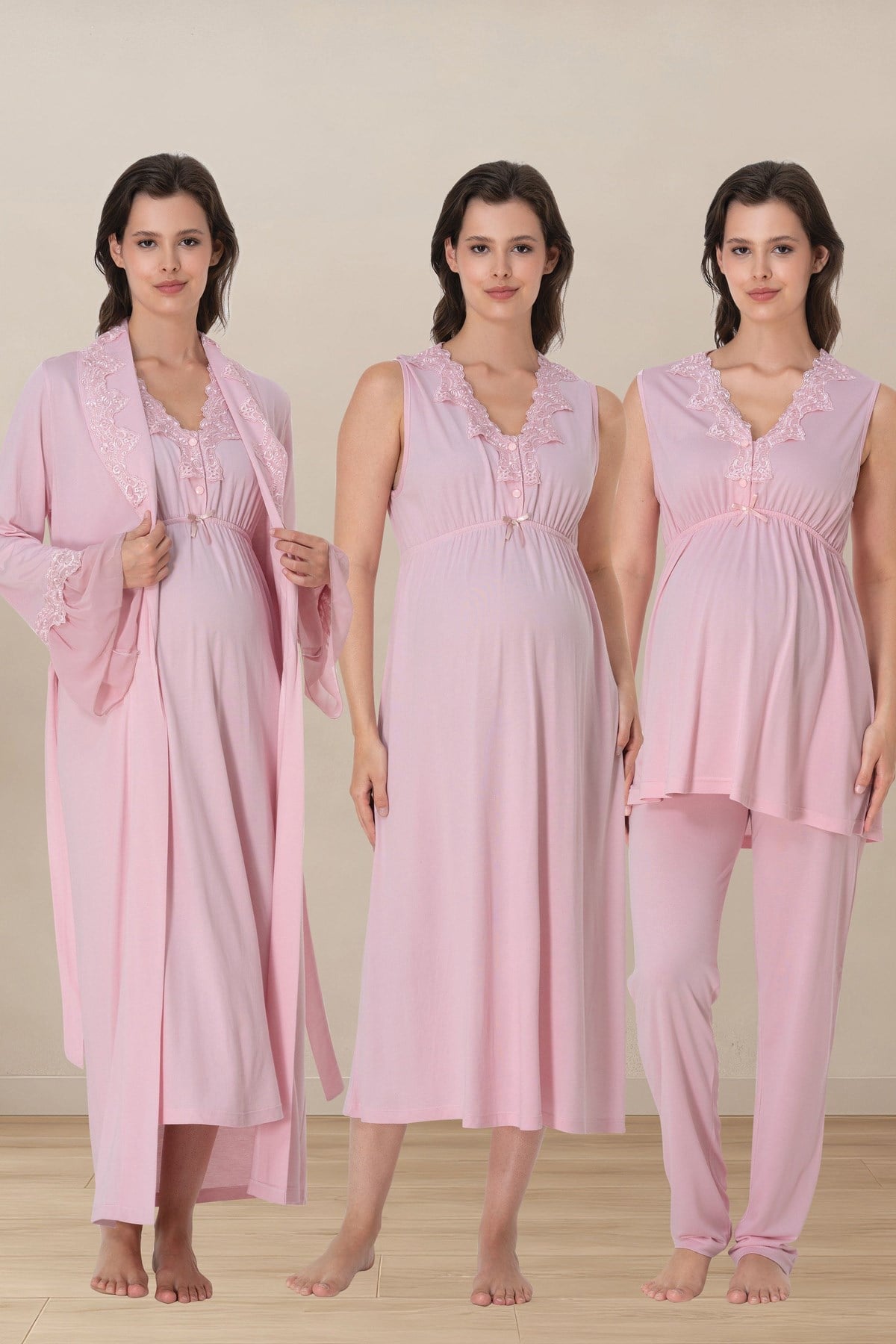 Effortt 5066 Pudra Pembe Sıfır Kol Dantelli 4lü Lohusa Seti