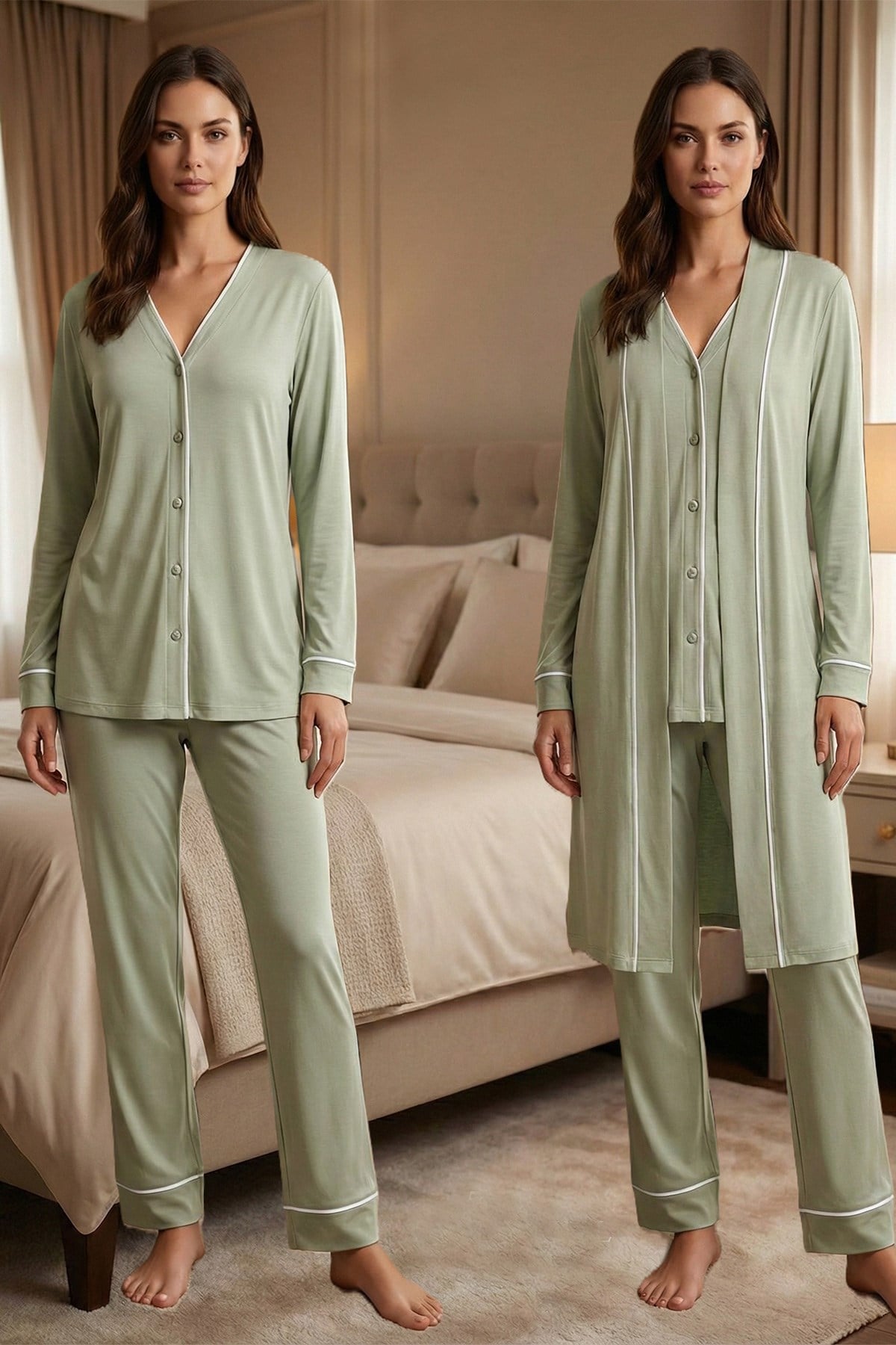Effortt 5074 Yeşil Biye Detaylı Sabahlıklı Lohusa Pijama Takımı