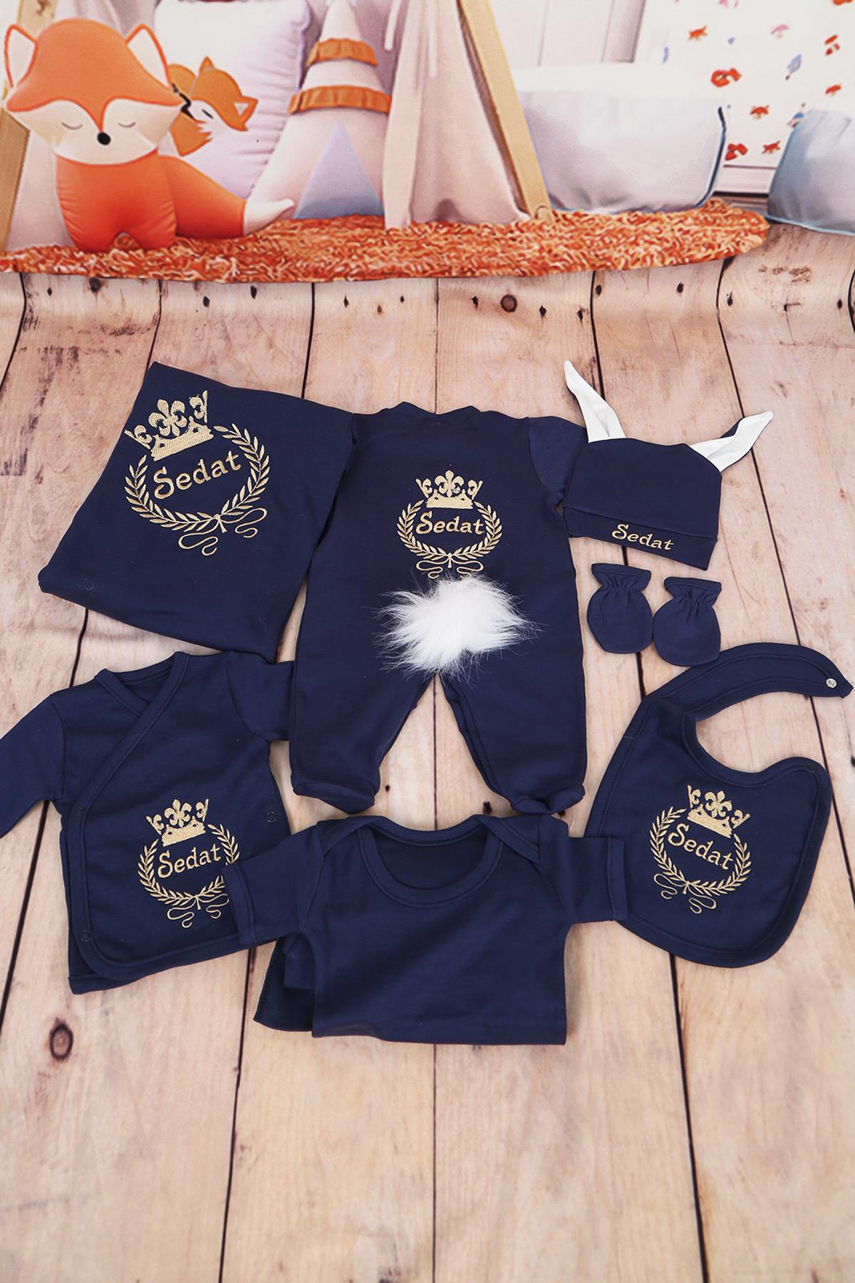 İsme Özel Tavşanlı Lacivert Gold Tac Nakışlı Hastane Çıkışı 10lu Set