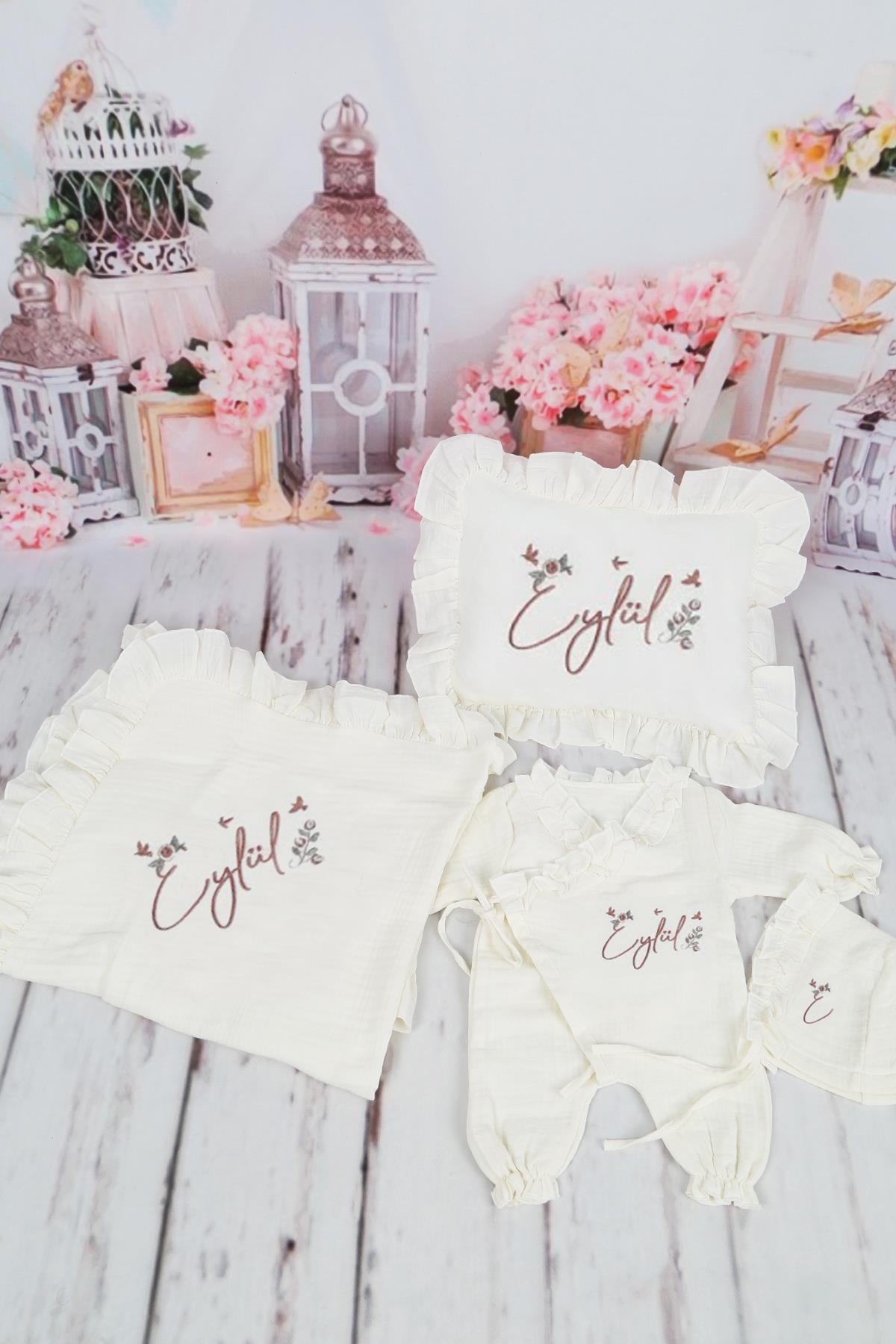 İsme Özel Müslin Kumaş Soft Nakışlı Yastıklı Hastane Çıkış Seti