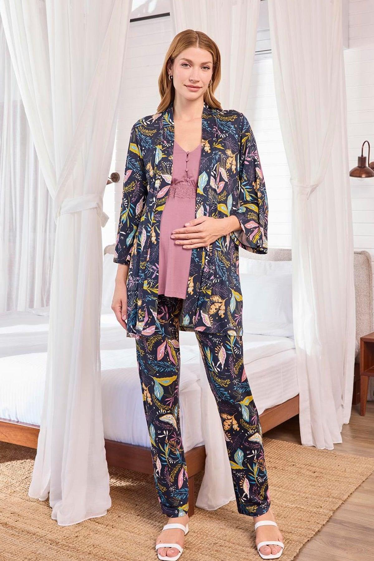 Monamise 25123 Dantelli Lohusa Pijama ve Desen Sabahlık Takımı