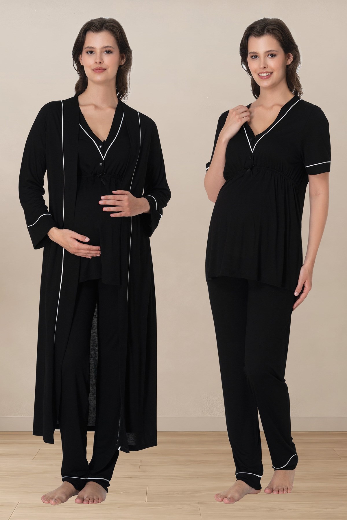 Effortt 5094 Siyah Biye Detaylı Emzirme Özellikli Sabahlıklı Lohusa Pijama Takımı