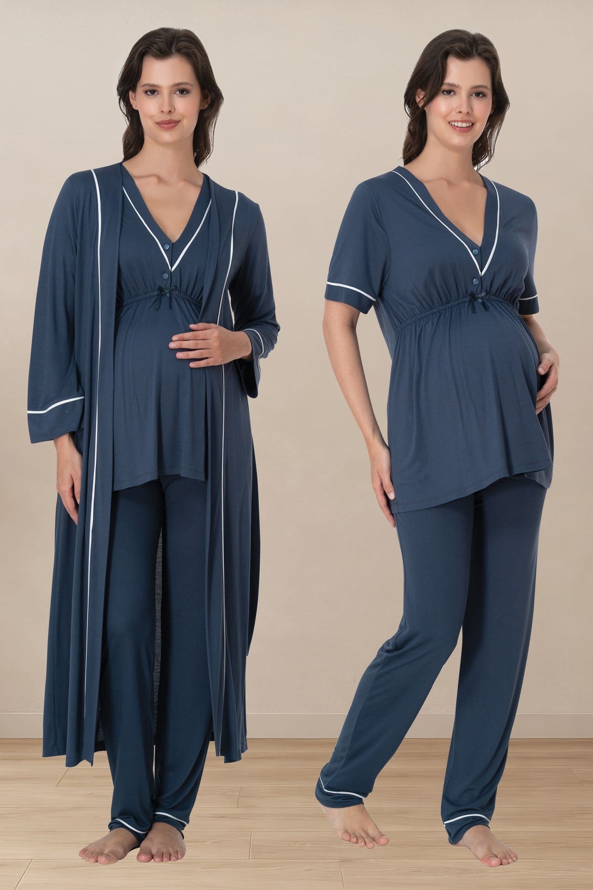 Effortt 5094 İndigo Mavi Biye Detaylı Emzirme Özellikli Sabahlıklı Lohusa Pijama Takımı