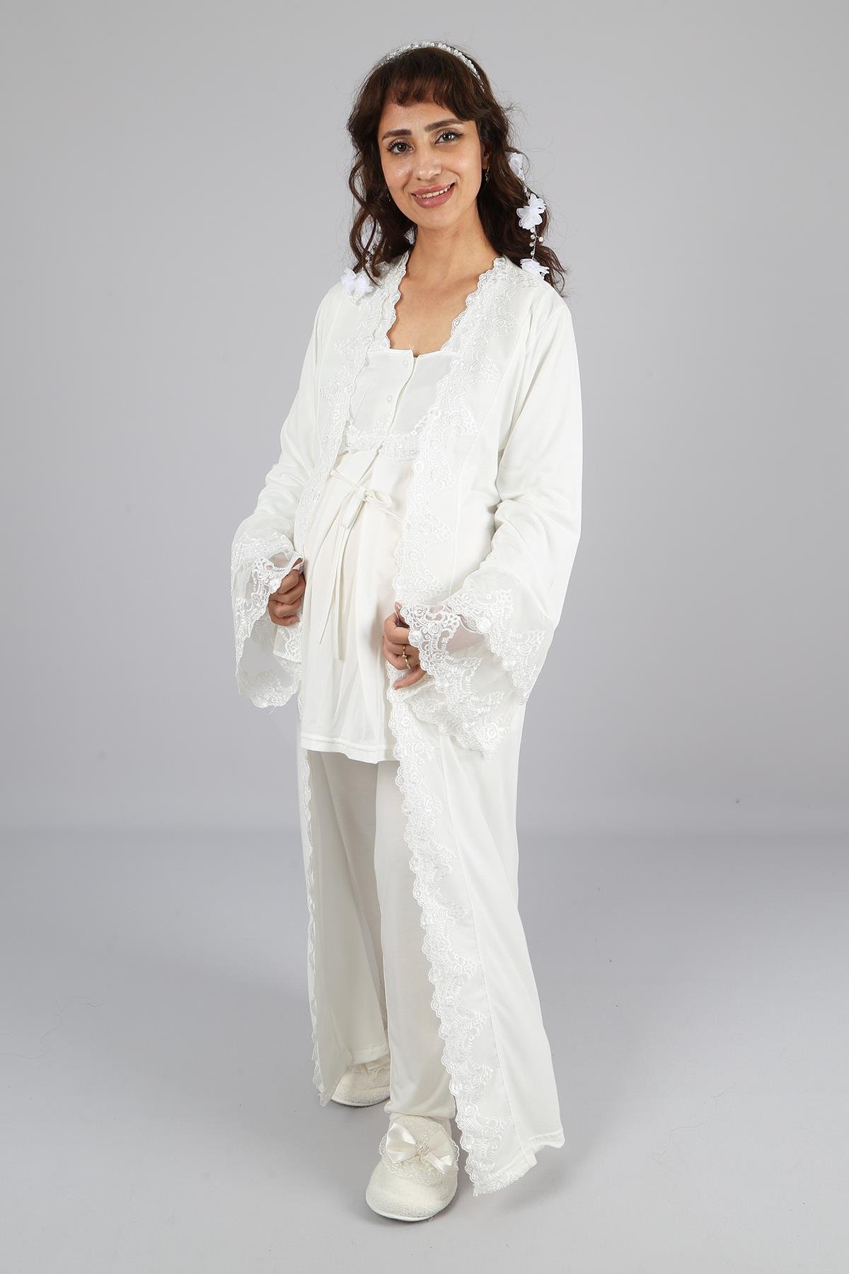 Ekru Prenses Dantelli Sabahlıklı Uzun Kol Lohusa Pijama Takımı 70140