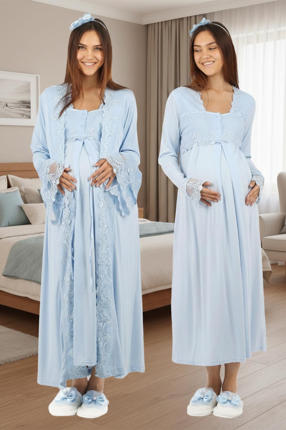 Lohusahamile 70150 mavi Prenses Sabahlıklı Lohusa Gecelik Takımı