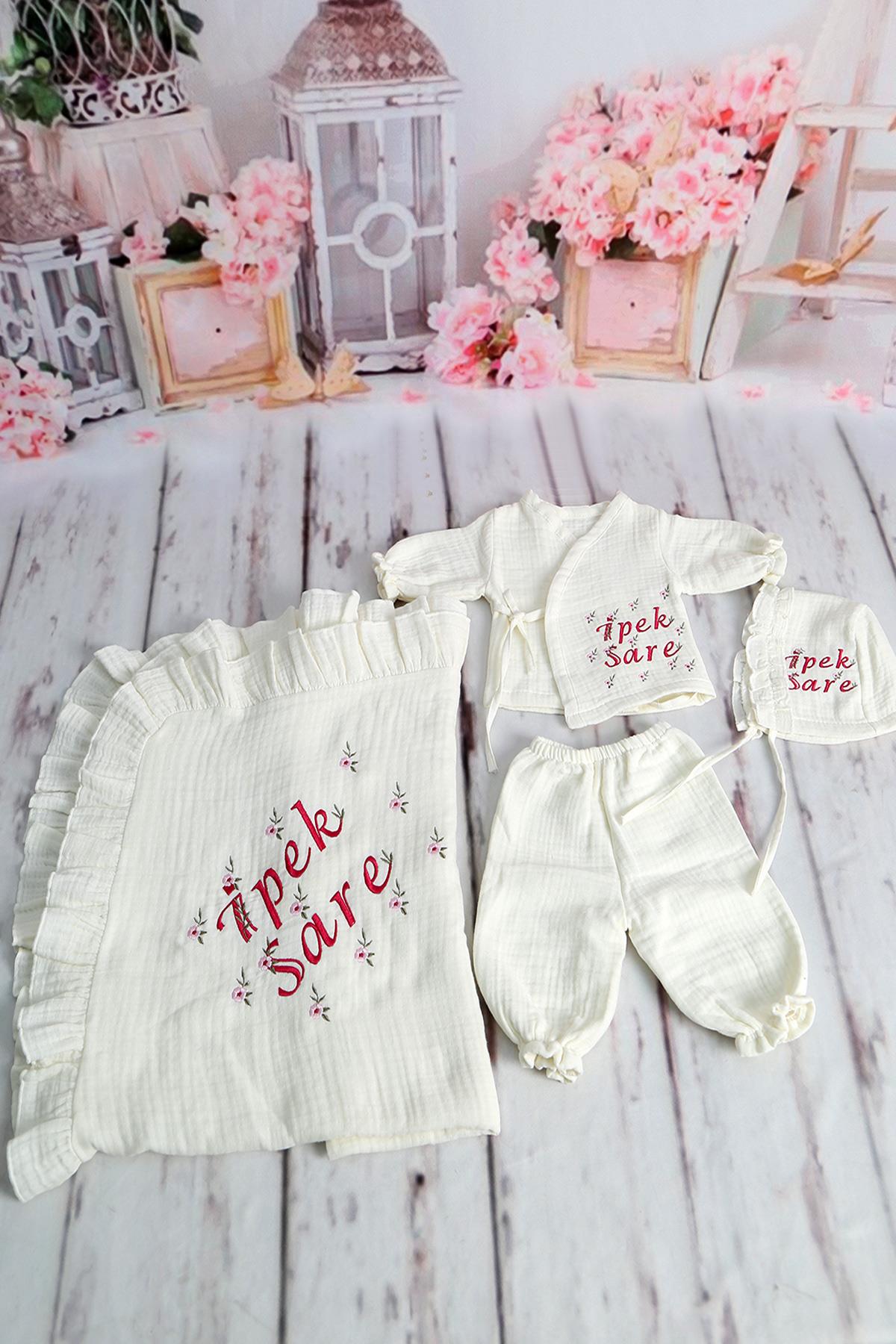 İsme Özel Müslin Çiçek Nakışlı 4lü Hastane çıkışı
