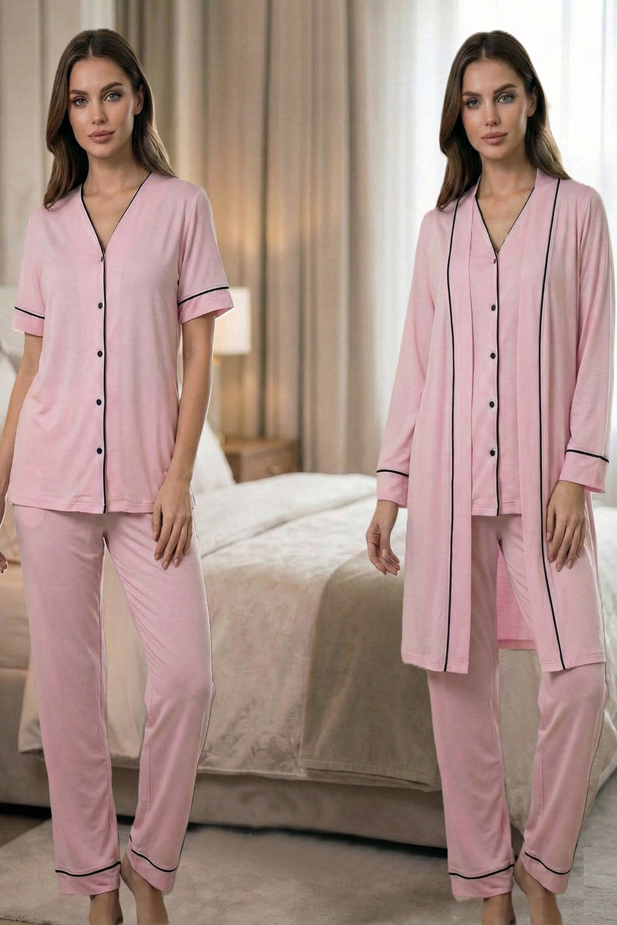 Effortt 3074 Pembe Biye Detaylı Sabahlıklı Lohusa Pijama Takımı