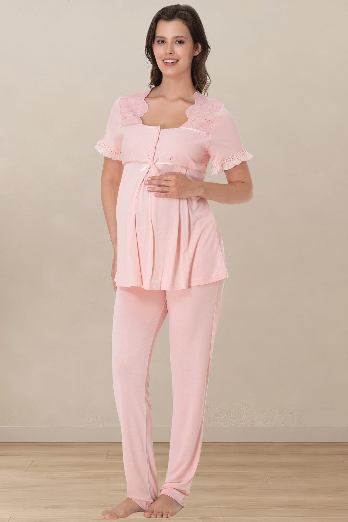 Effortt 7022 Pudra Fisto Dantelli Hamile Lohusa Pijama Takımı