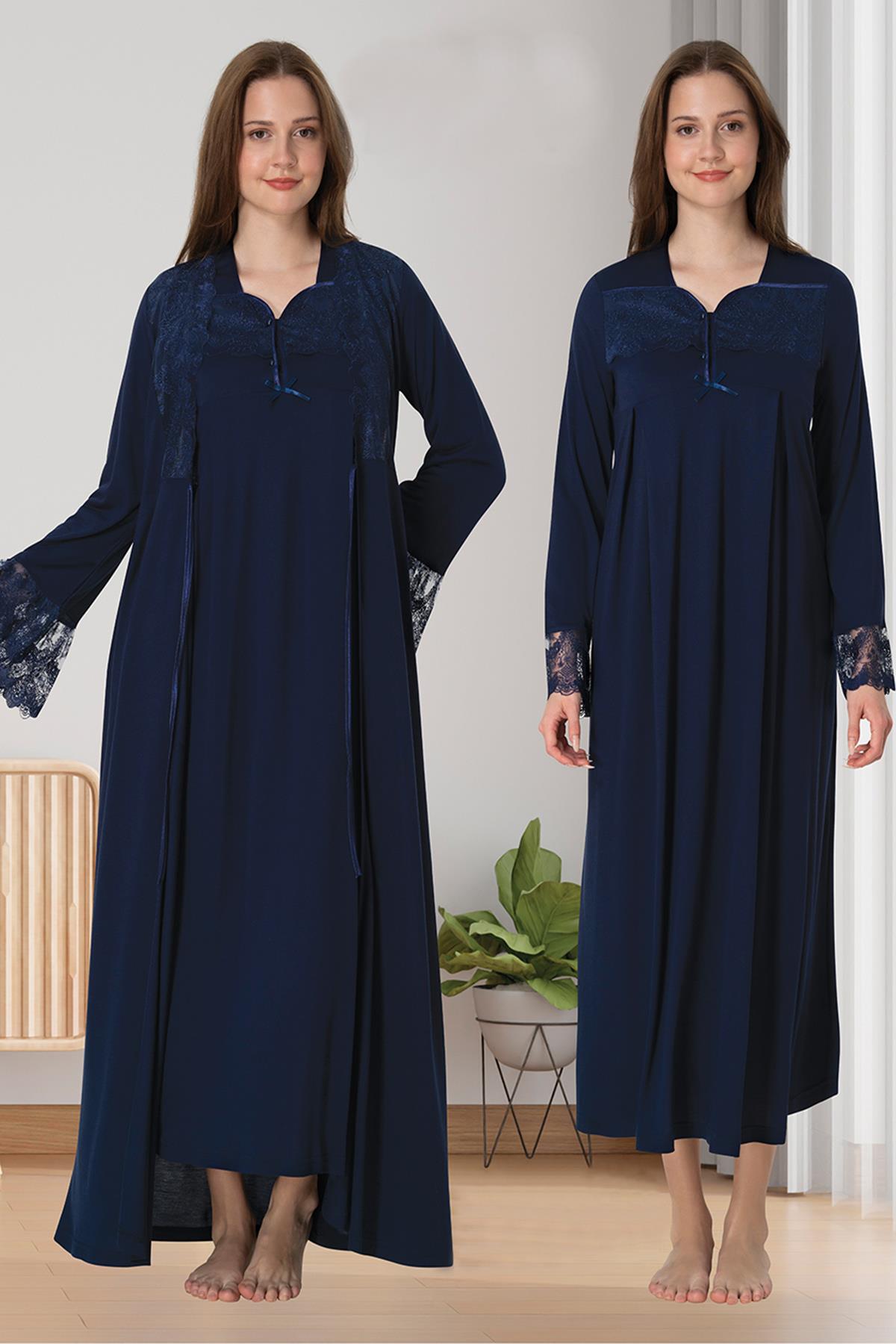 Effortt 4085 Lacivert Dantelli Sabahlıklı Lohusa Gecelik Takımı