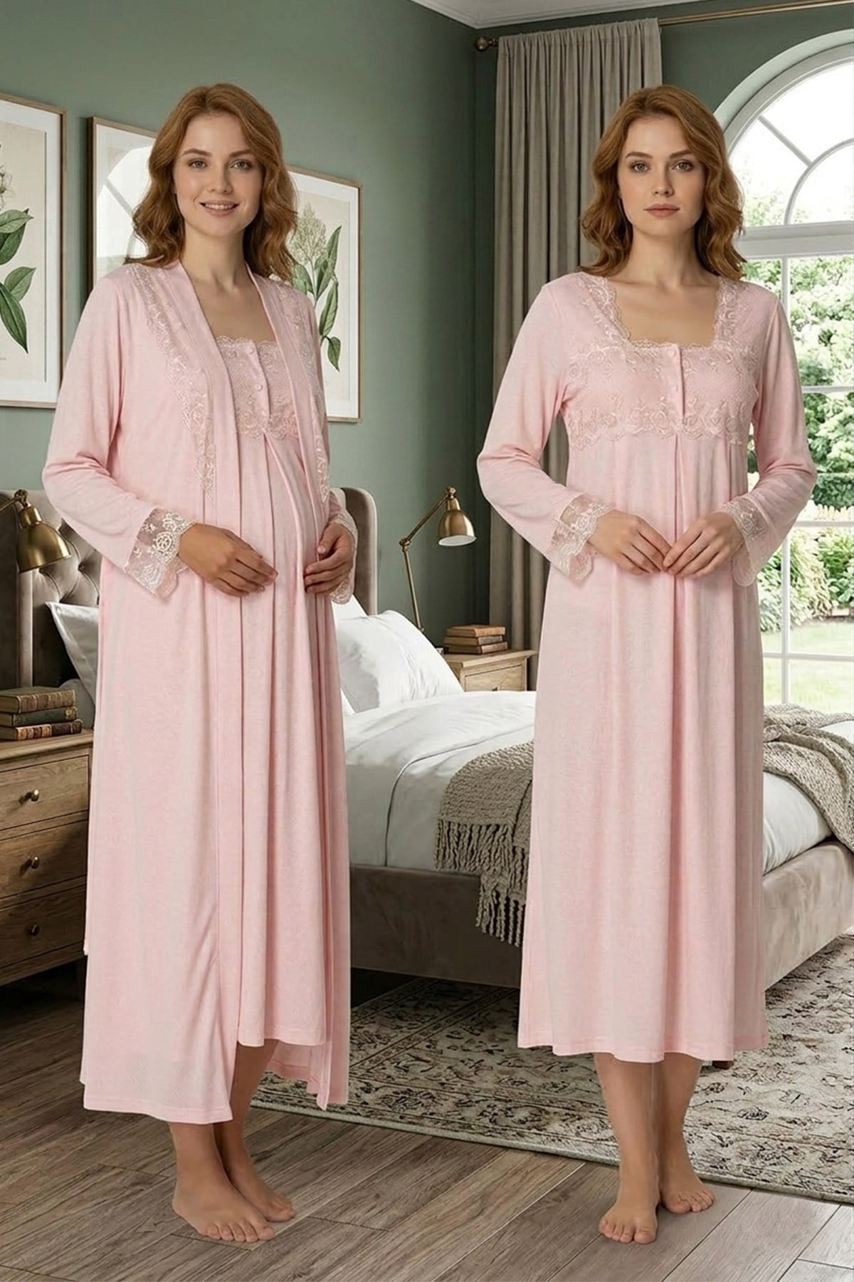 Dantel Detaylı Pudra Pembe Sabahlıklı Lohusa Gecelik Takımı