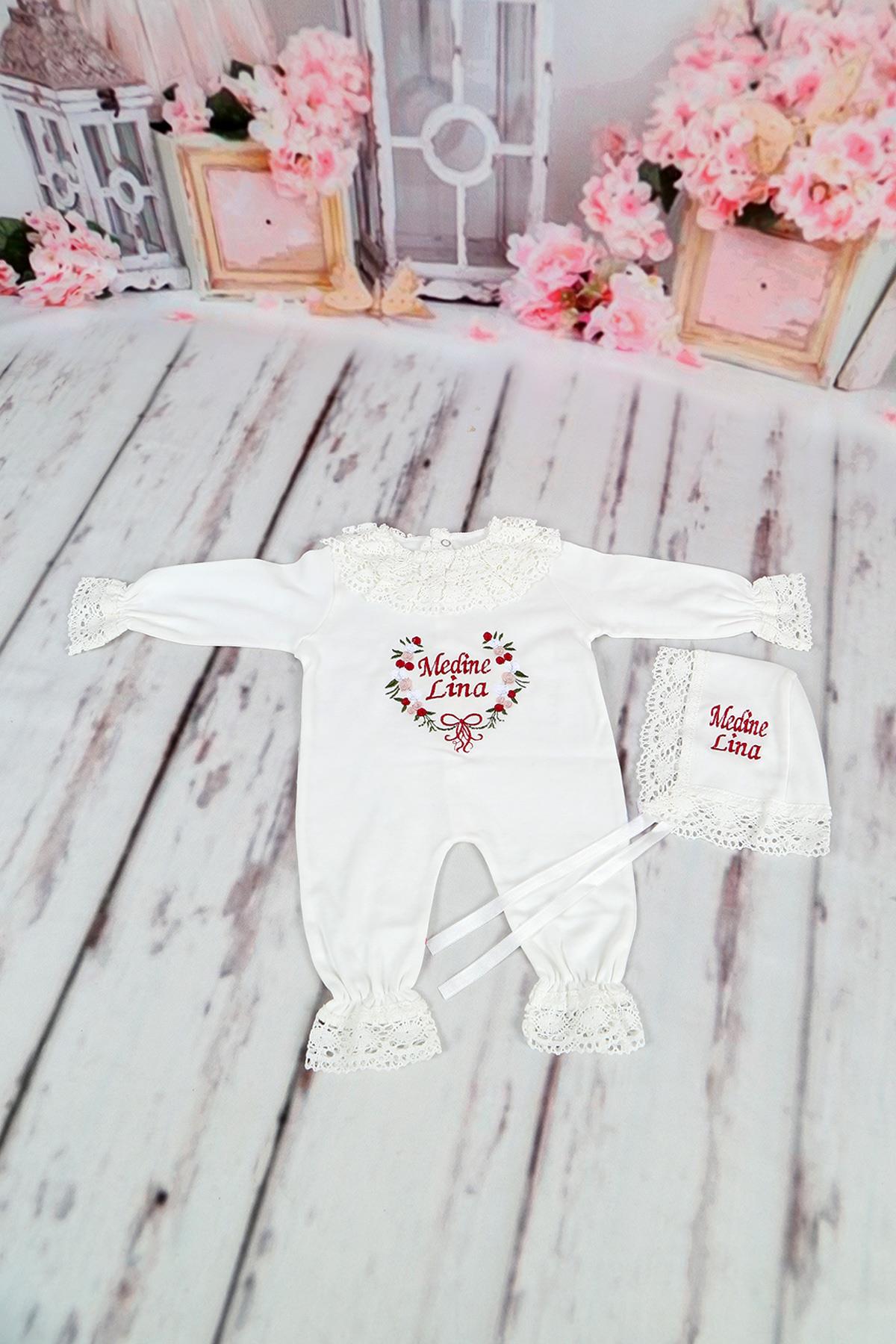 İsme Özel Güpür Yaka Dantel Çiçek Nakışlı Hastane Çıkışı Seti