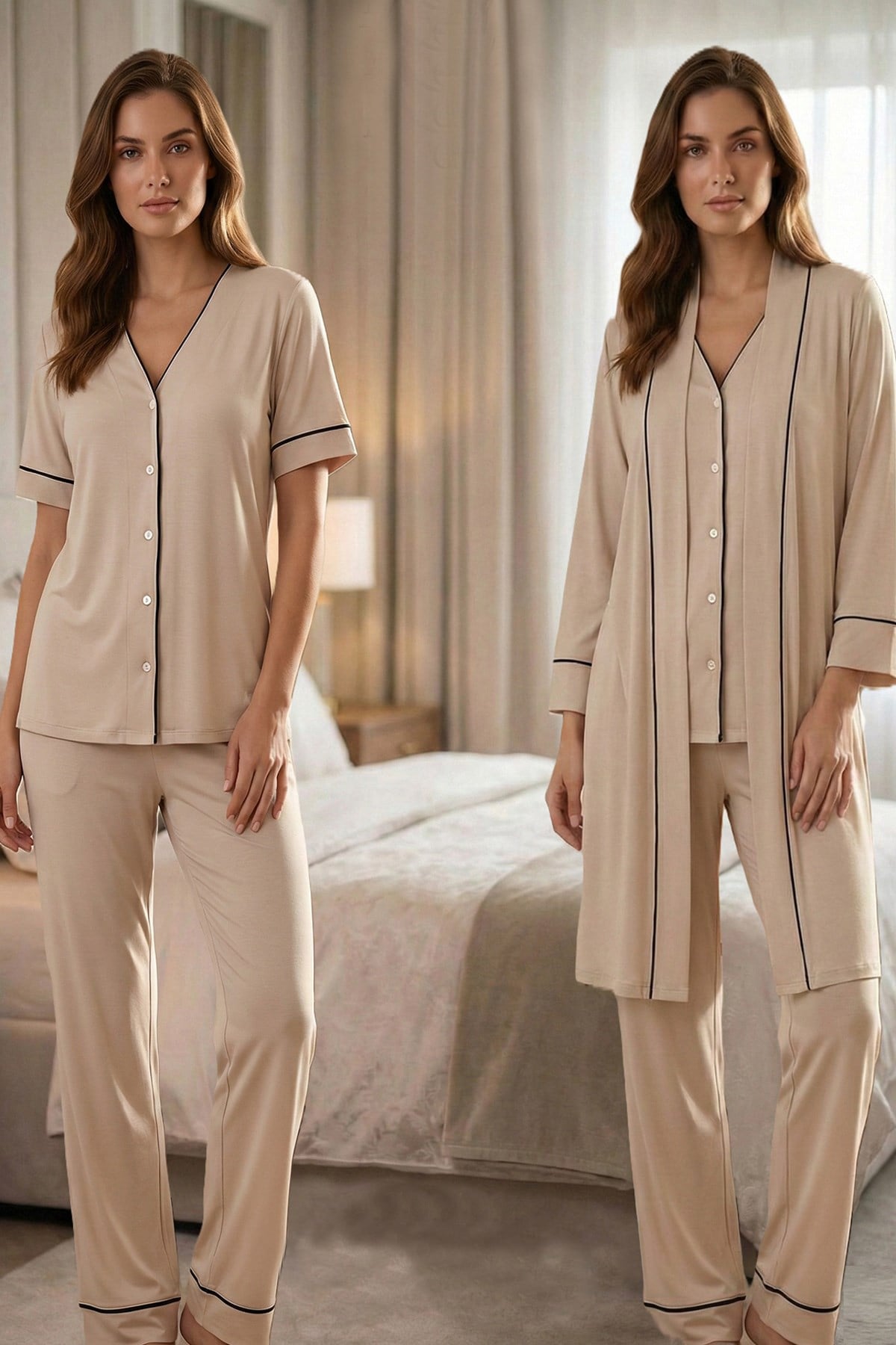 Effortt 3074 Sütlü Kahve Biye Detaylı Sabahlıklı Lohusa Pijama Takımı