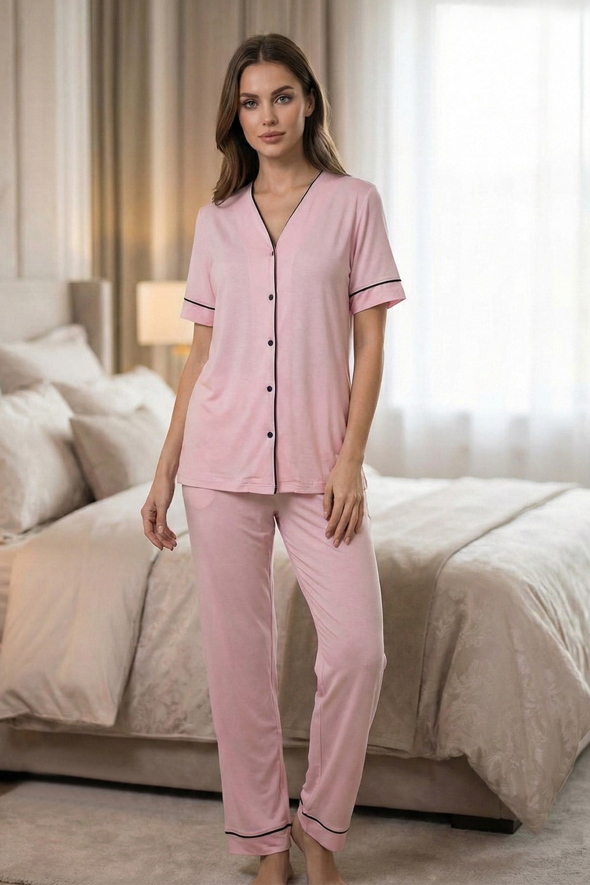 Effortt 3072 Pembe Biye Detaylı Düğmeli Lohusa Pijama Takımı