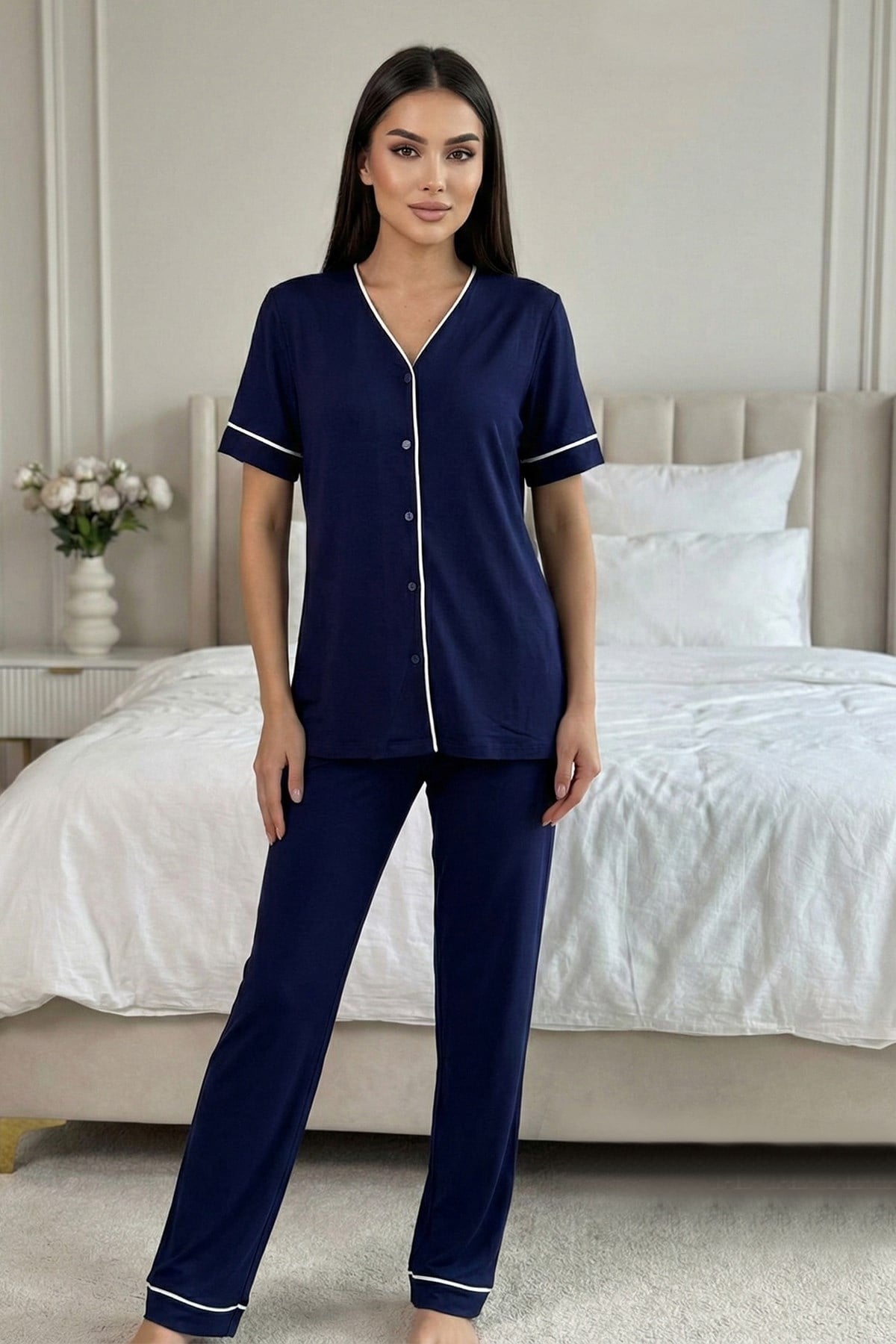 Effortt 3072 Lacivert Biye Detaylı Düğmeli Lohusa Pijama Takımı