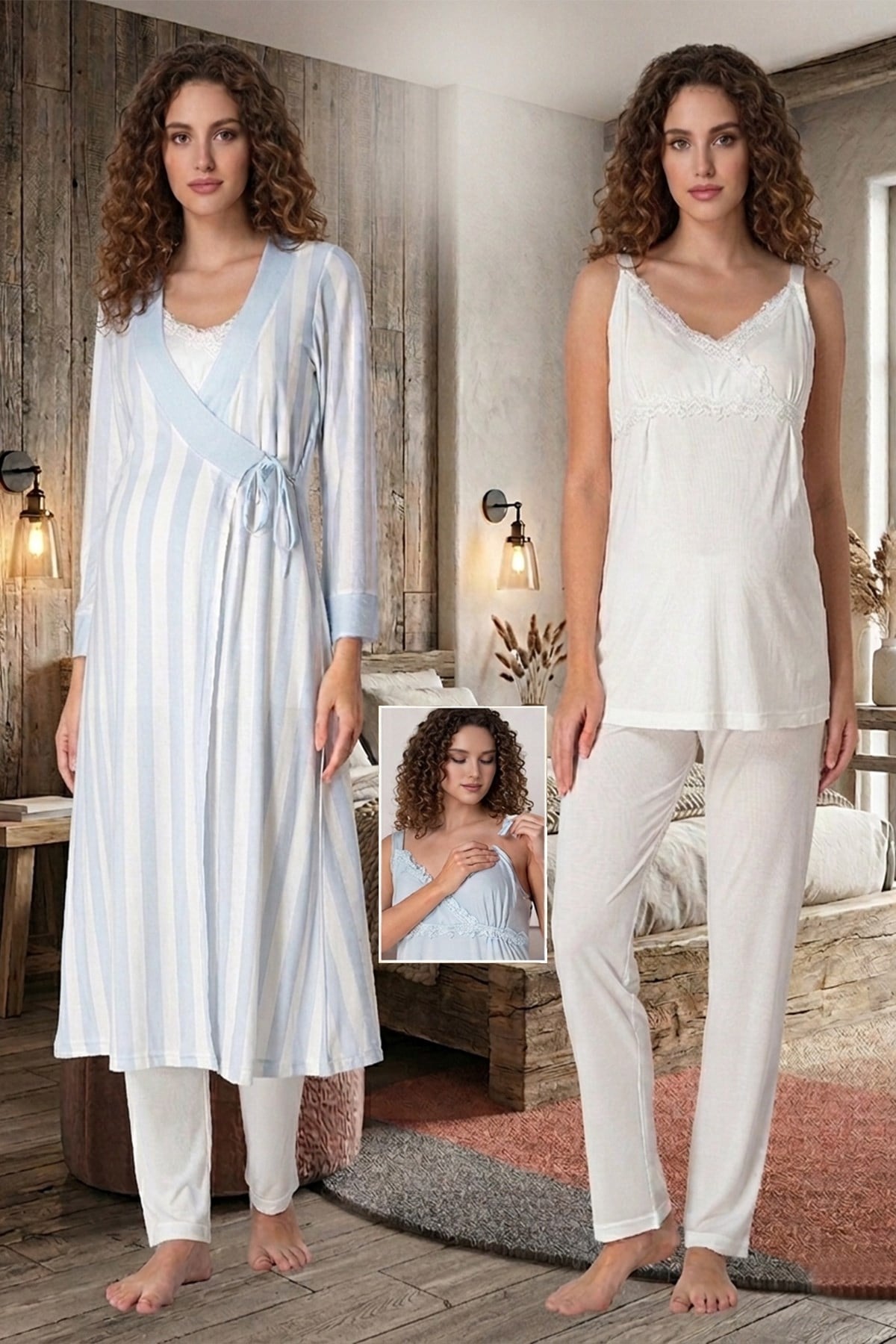 Mavi-Ekru Emzirme Özellikli Askılı Çizgi Sabahlıklı Lohusa Pijama Takımı 19034
