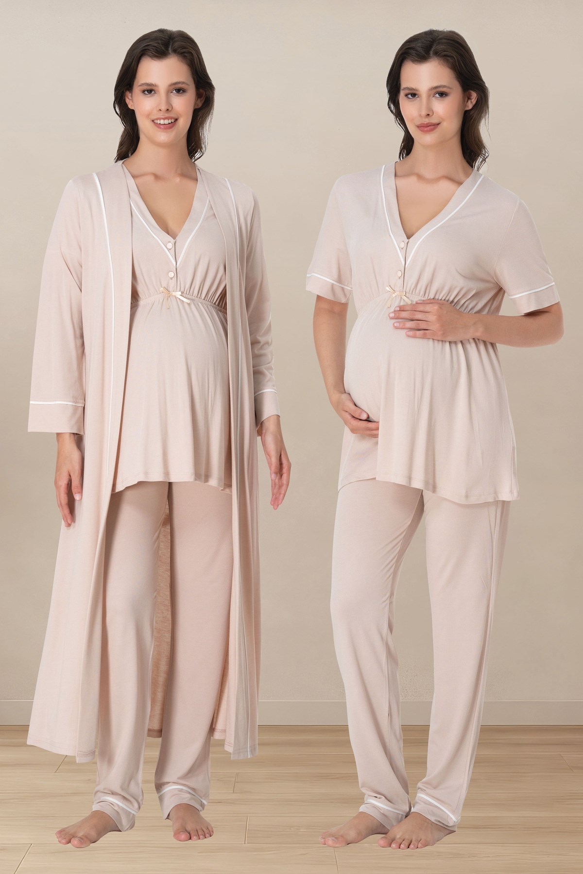 Effortt 5094 Bej Biye Detaylı Emzirme Özellikli Sabahlıklı Lohusa Pijama Takımı