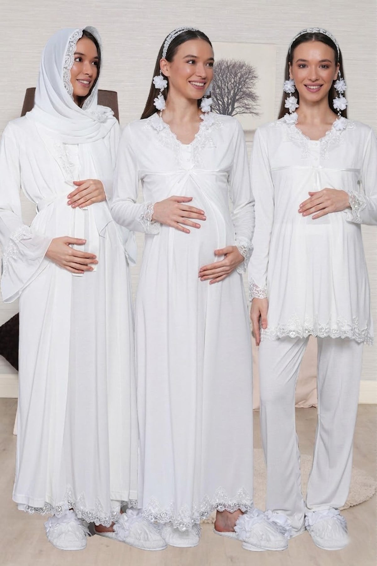 Tesettürlü Dantel Detaylı Uzun Kol Ekru Lohusa Seti