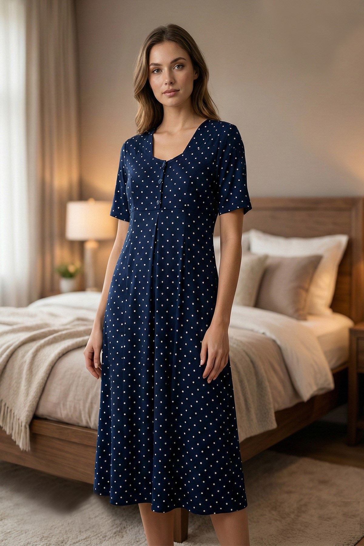 Effortt 6011 Lacivert Puan Detaylı Hamile Lohusa Gecelik