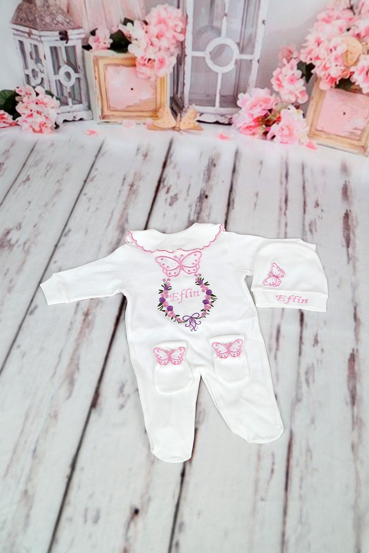 İsme Özel Pembe Kelebek Nakışlı 3lü Hastane Çıkış Set