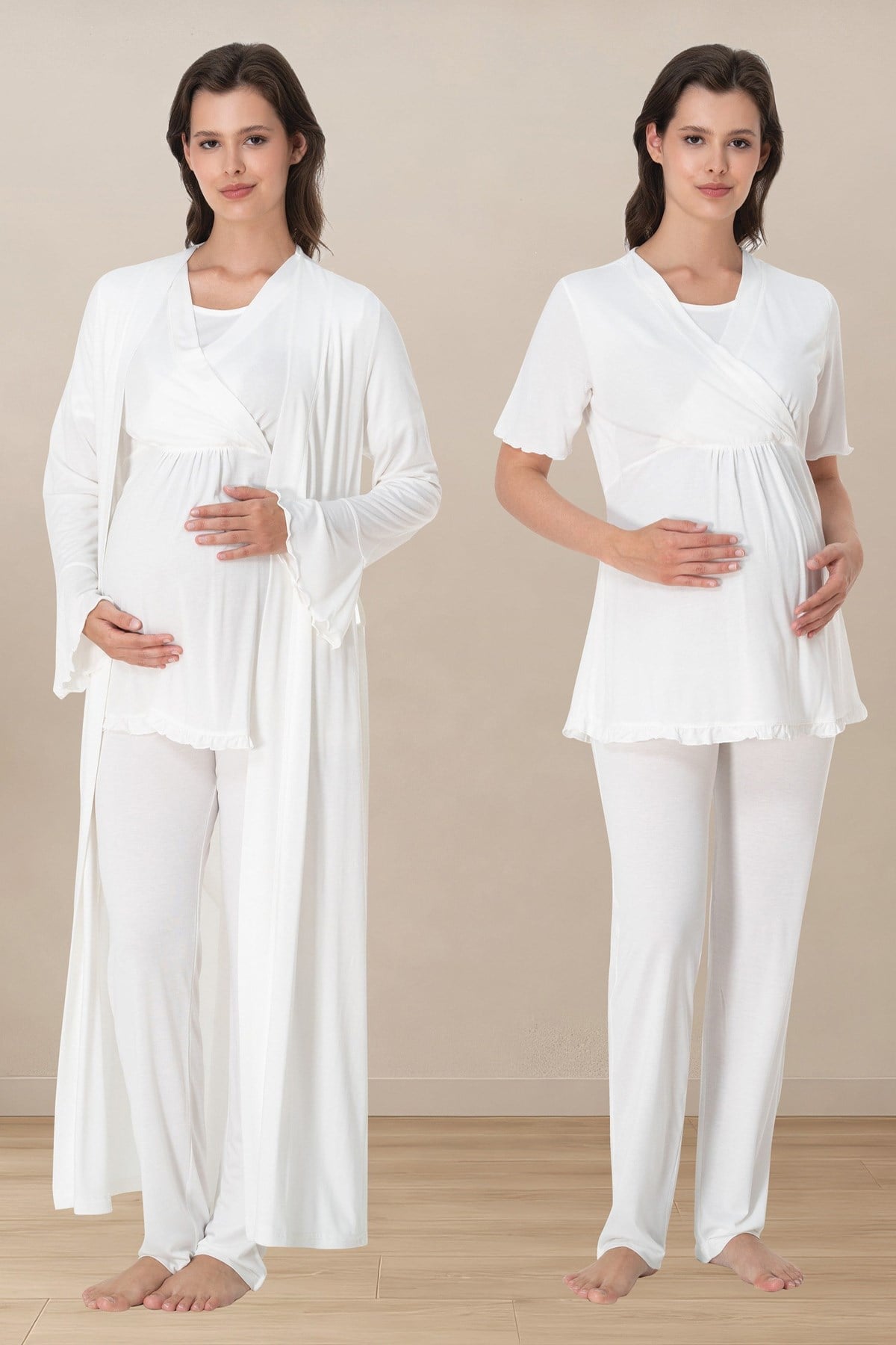Effortt 3034 Ekru Kruvaze Emzirme Özellikli Sabahlıklı Hamile Pijama Takımı
