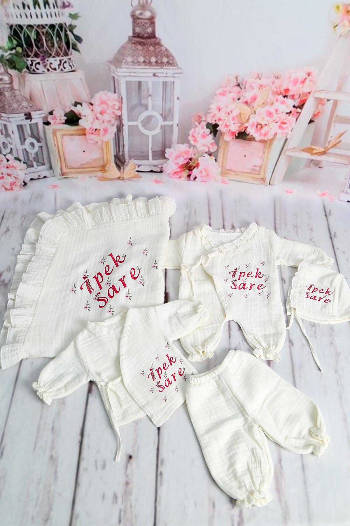 İsme Özel Müslin Çiçek Nakışlı 5li Hastane çıkışı