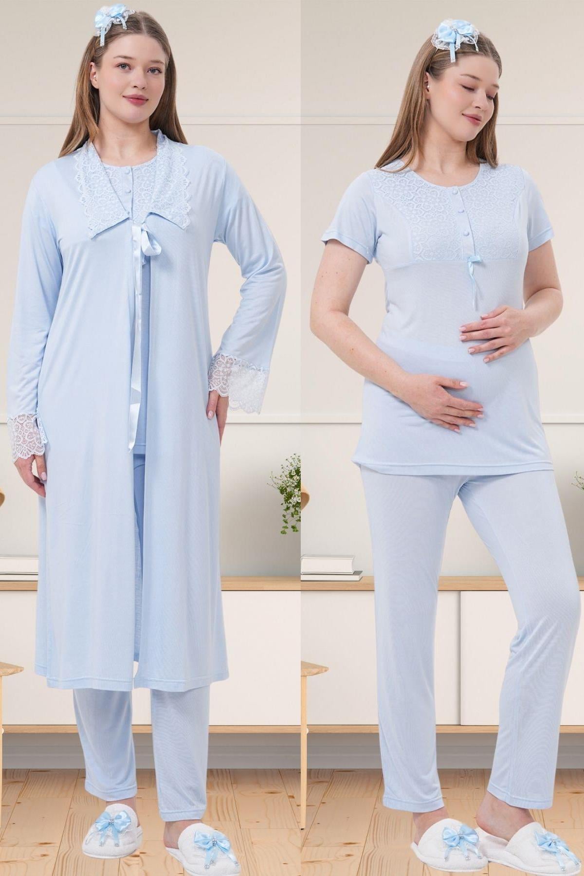 Mecit 1541 Mavi Uzun Sabahlıklı Lohusa Pijama Takımı