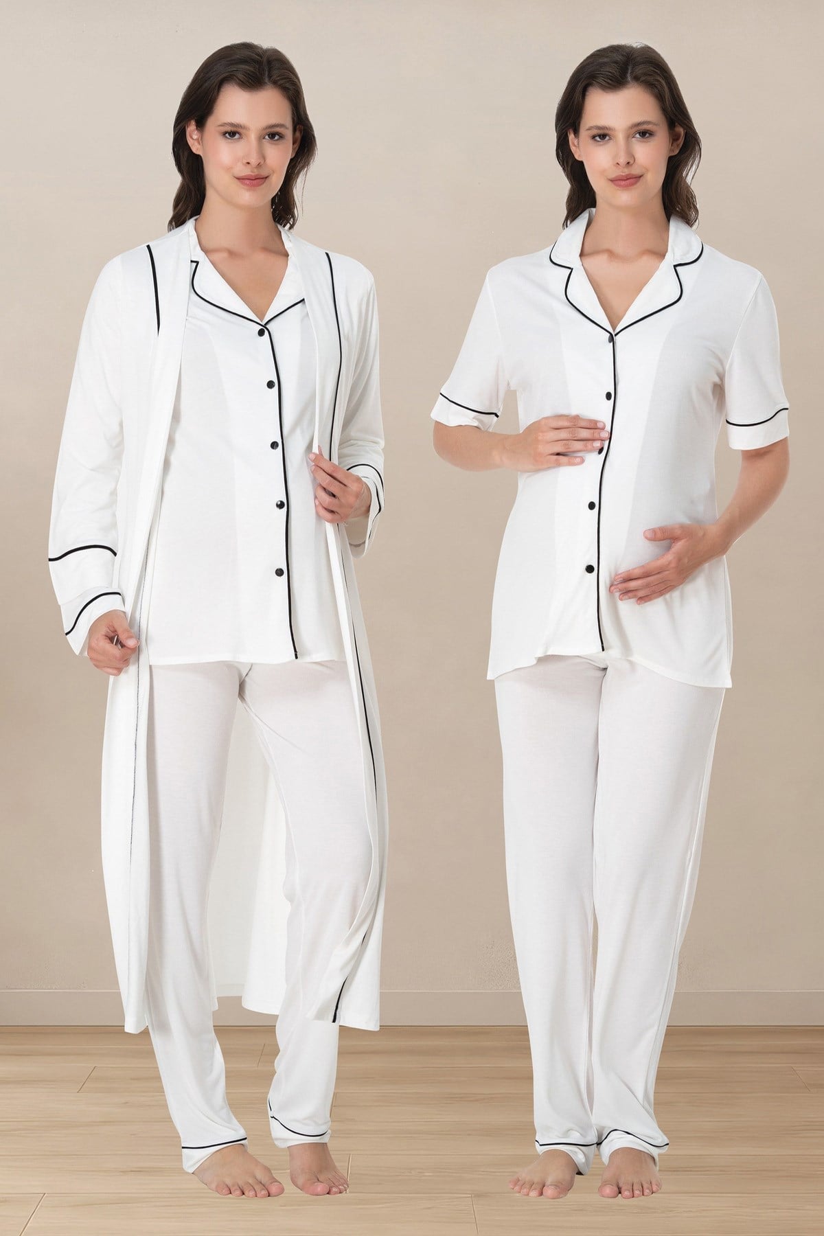 Effortt 8068 Ekru Biye Detaylı Düğmeli Sabahlıklı Lohusa Pijama Takımı