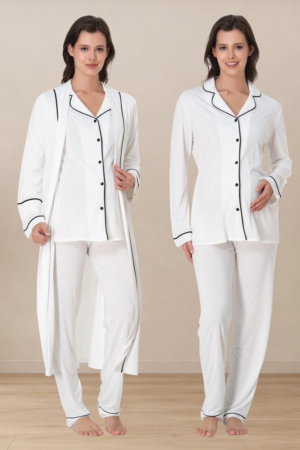 Effortt 8098 Ekru Biye Detaylı Düğmeli Sabahlıklı Lohusa Pijama Takımı
