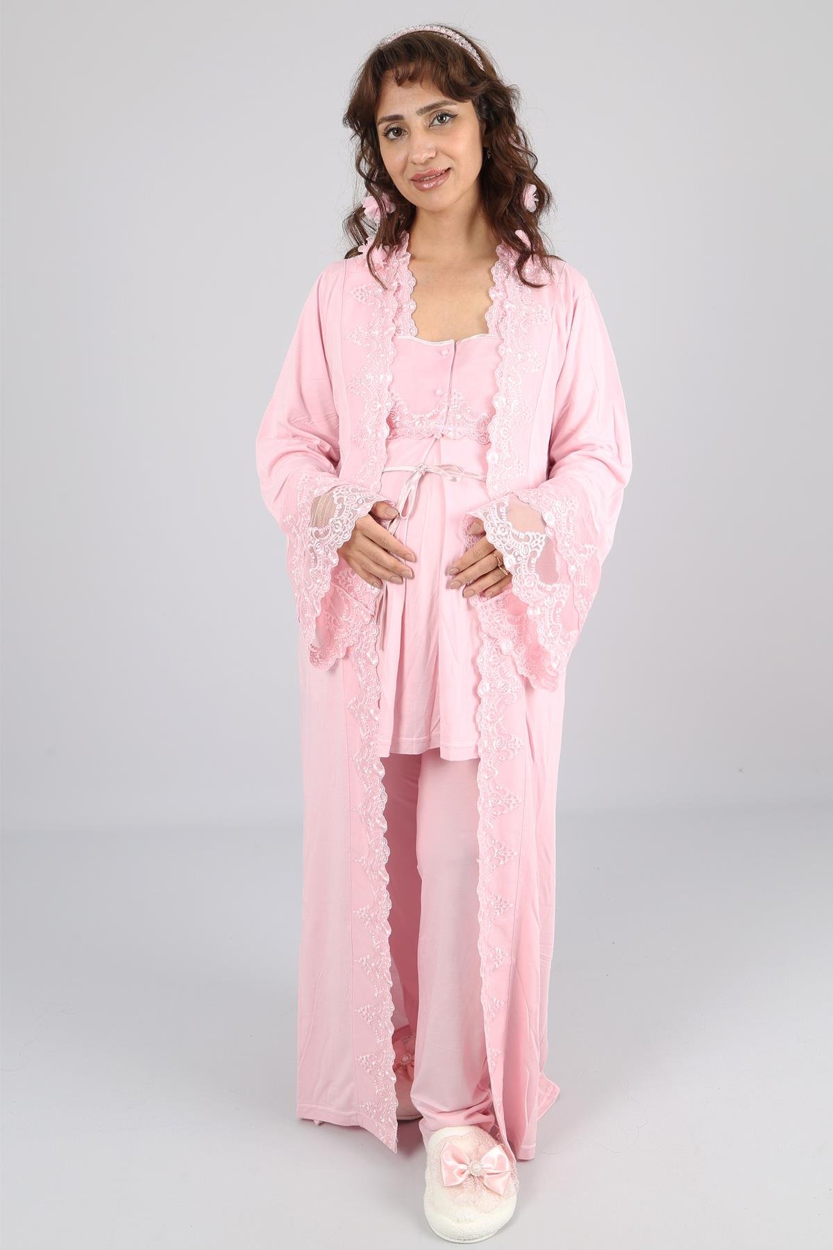 Prenses Dantelli Sabahlıklı Uzun Kol Lohusa Pijama Takımı 70140