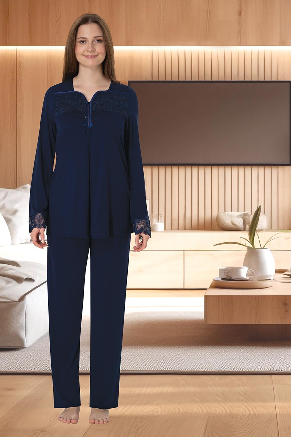 Effortt 4082 Lacivert Dantelli Uzun Kol Lohusa Pijama Takımı