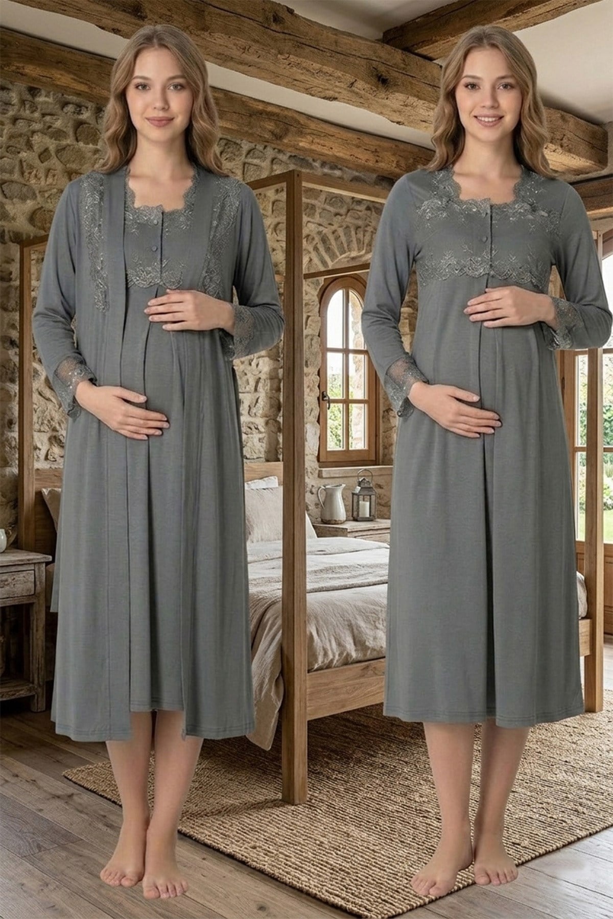 Dantel Detaylı Füme Sabahlıklı Lohusa Gecelik Takımı