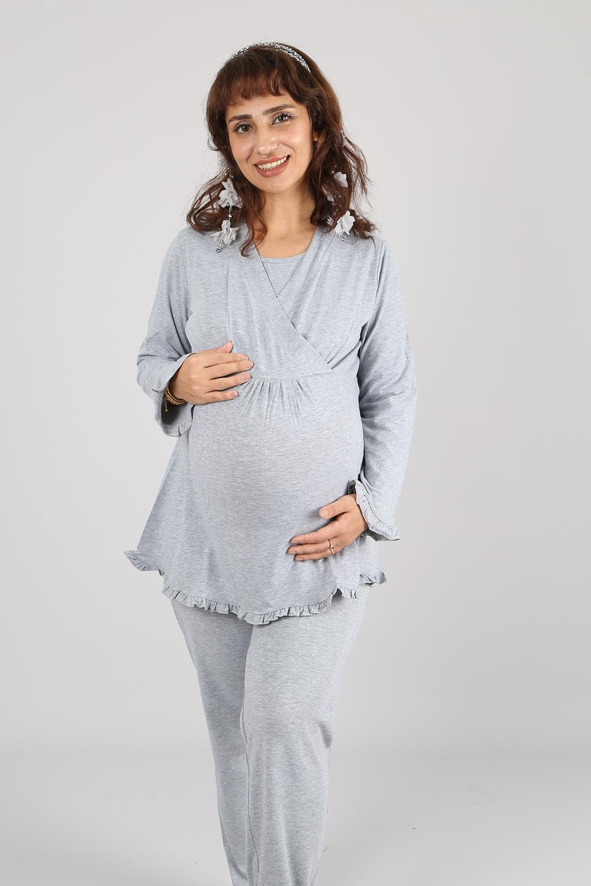 Gri Kruvaze Emzirme Özellikli Lohusa Hamile Pijama Takımı