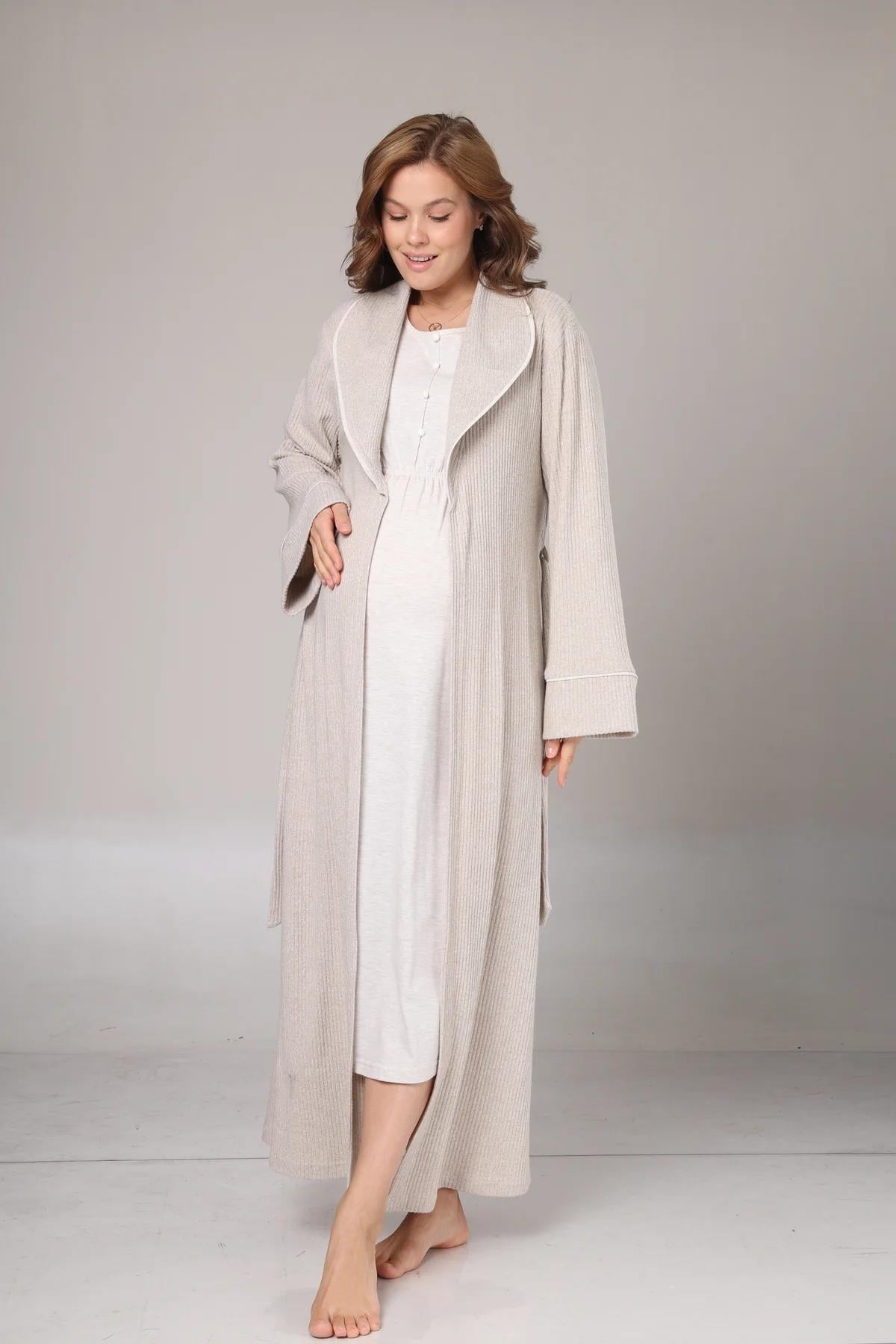 Rimel Life 1020 Bej Triko Sabahlıklı Uzun Kol Ekru Lohusa Gecelik Takımı