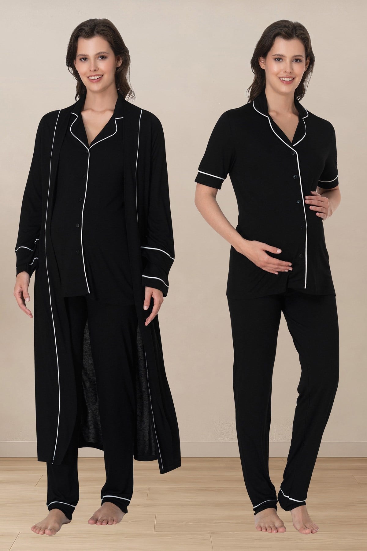 Effortt 8068 Siyah Biye Detaylı Düğmeli Sabahlıklı Lohusa Pijama Takımı
