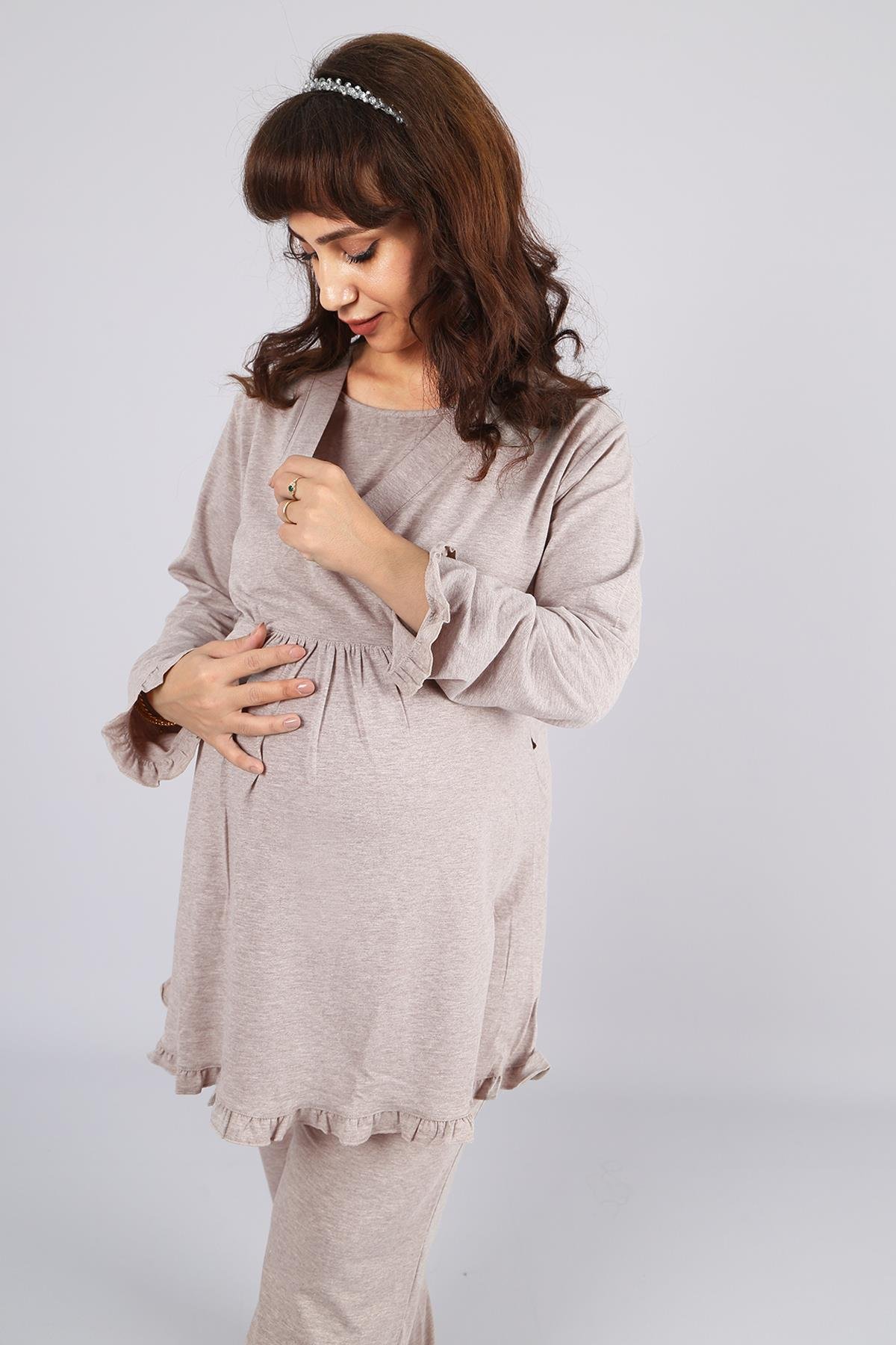 Bej Kruvaze Emzirme Özellikli Lohusa Hamile Pijama Takımı