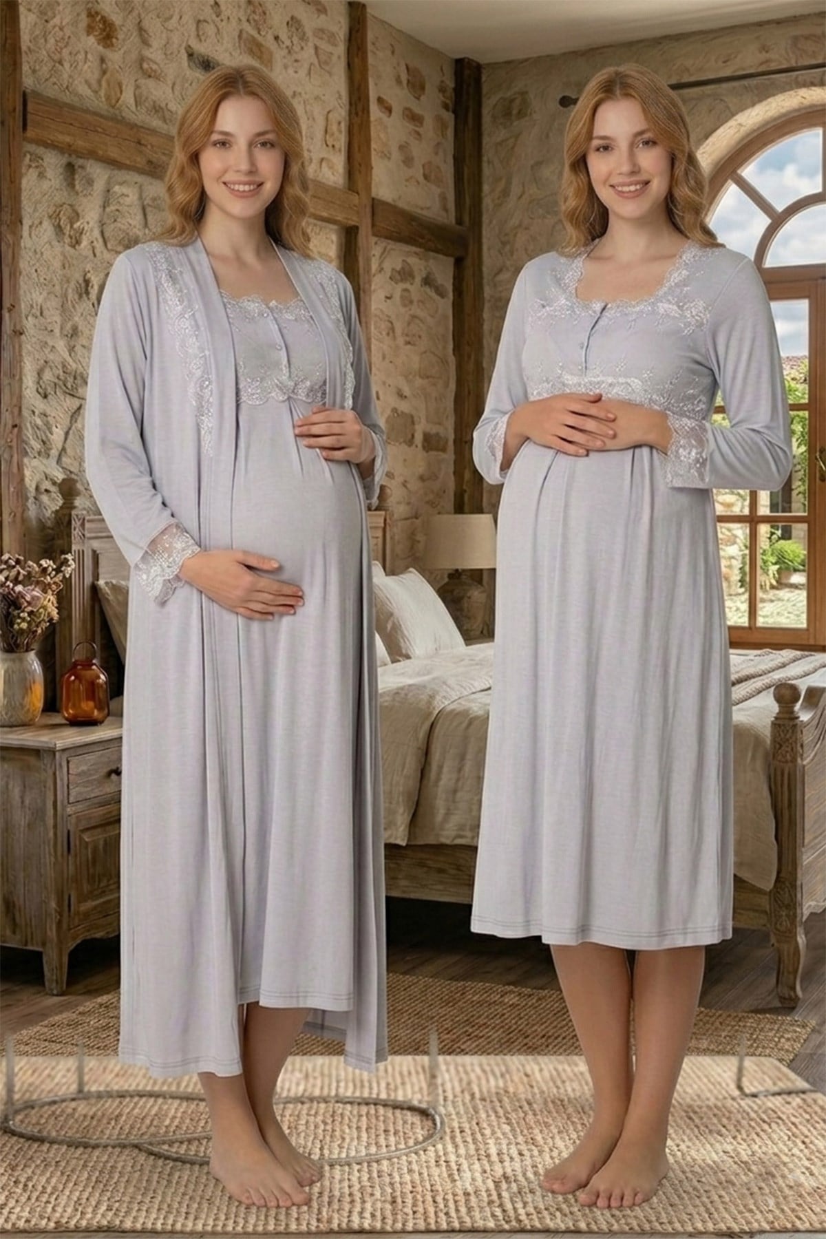 Dantel Detaylı Gri Sabahlıklı Lohusa Gecelik Takımı
