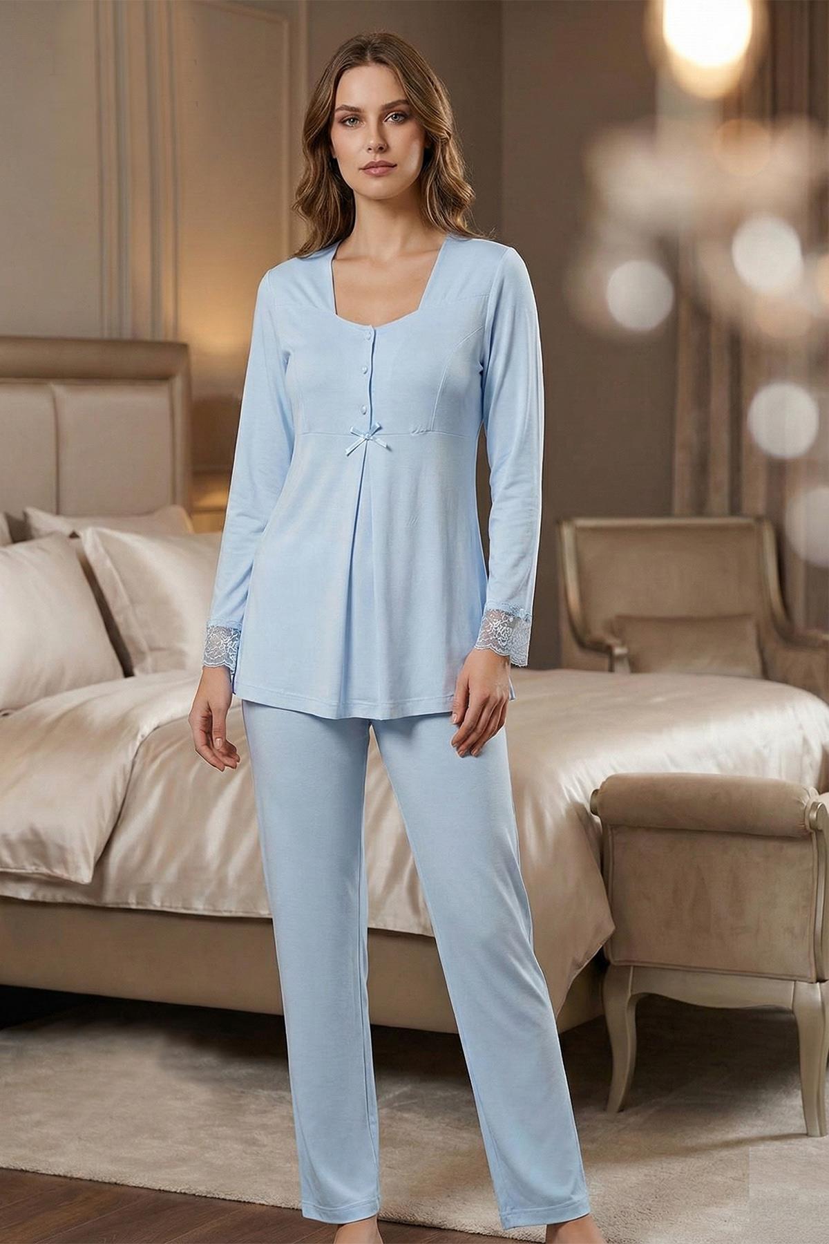 Effortt 9042 BLUE Lace Detailed Maternity Nursing Pajamas