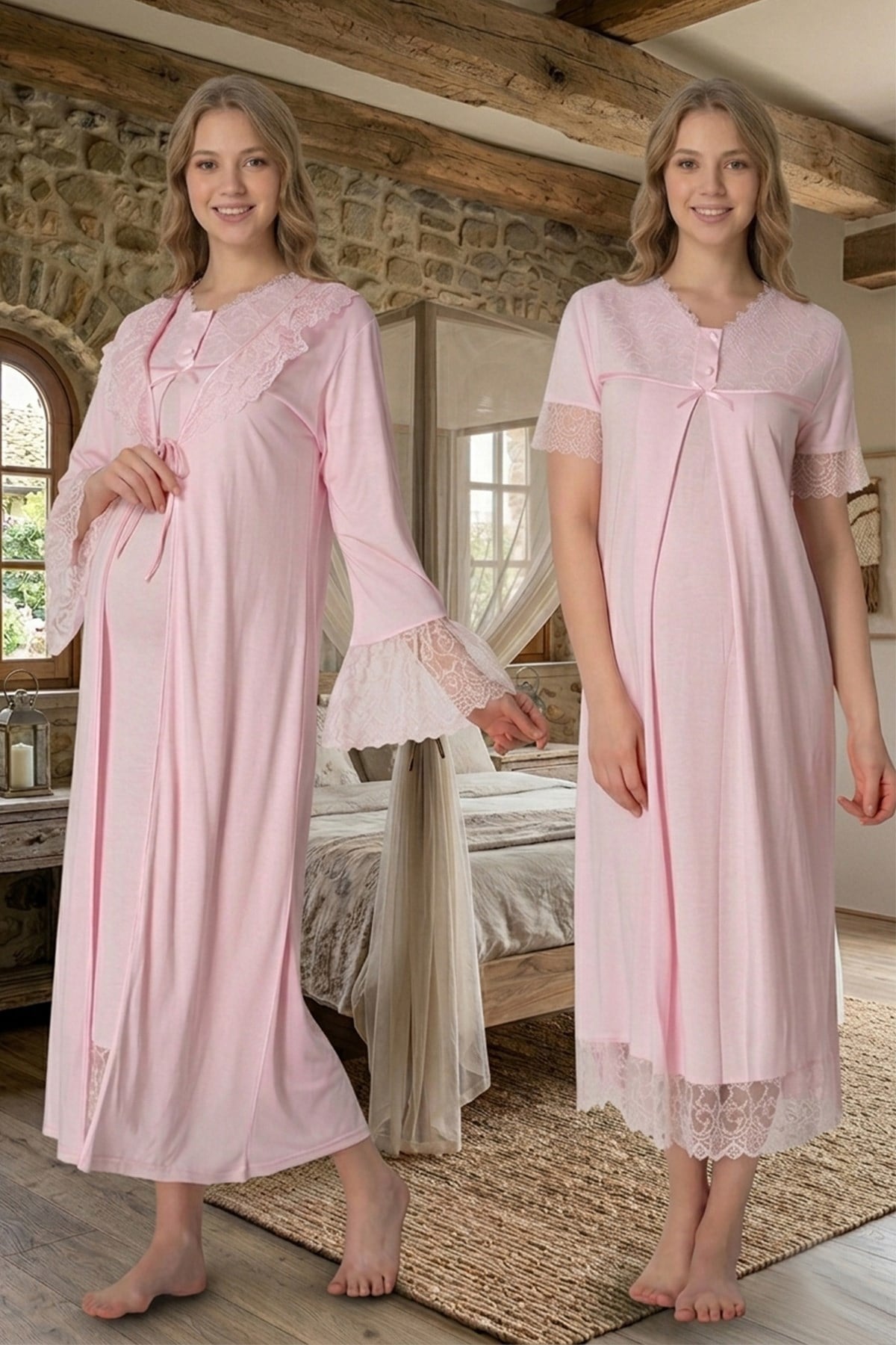 Kolları Güpürlü Pamuklu Pembe Sabahlıklı Lohusa Gecelik Takımı