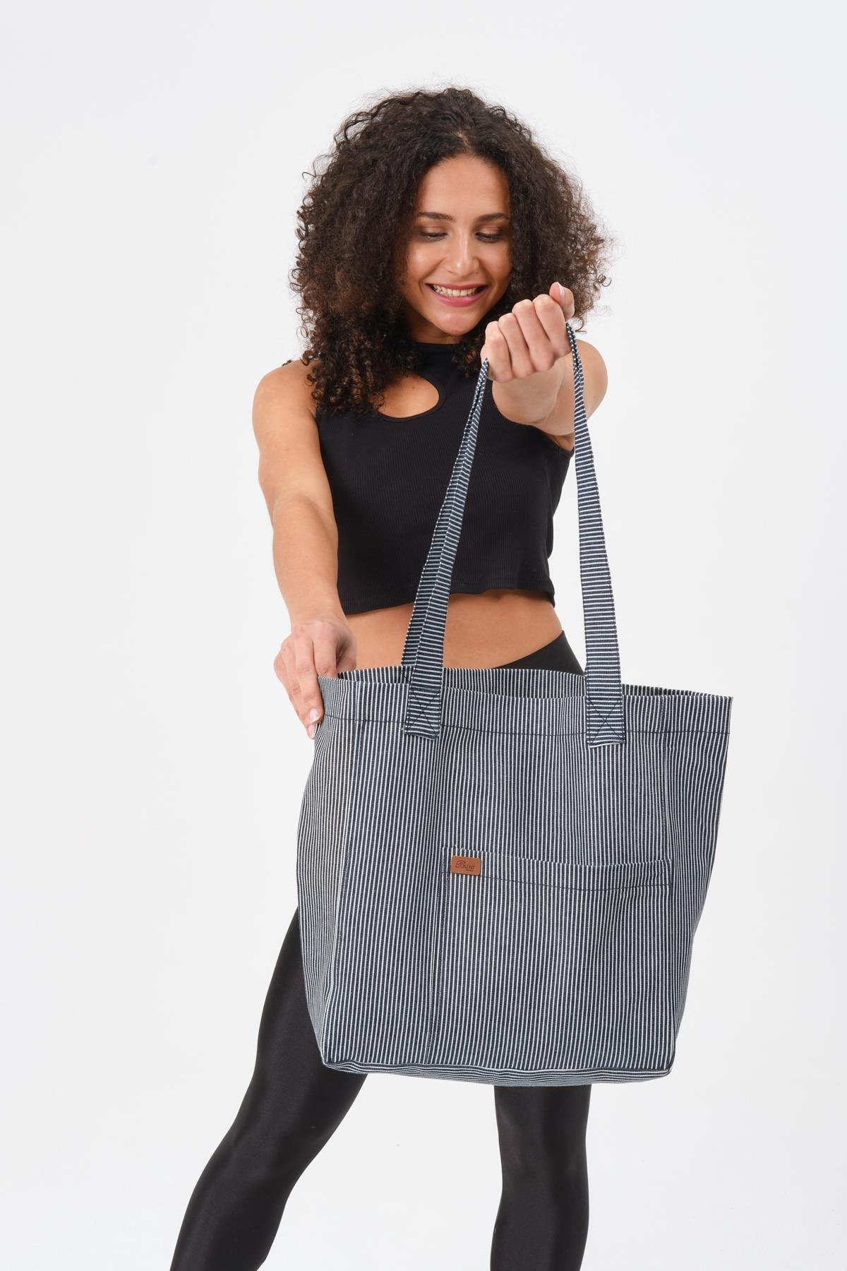 Busa Ham Kumaş Önden Cepli Tote Omuz Çantası Çizgili Mavi