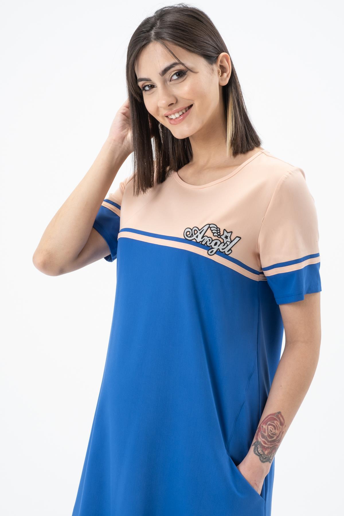 Busa Hamile Blok Renkli Kısa Kollu Baskılı Midi Boy Elbise Mavi