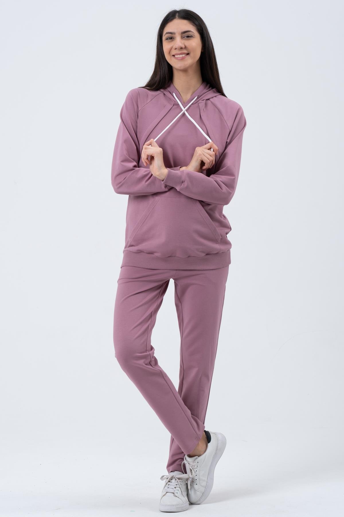 Busa Hamile Emzirme Detaylı Esnek Karın Bantlı Beli Ayarlı İki İplik Eşofman Takım Gül Kurusu